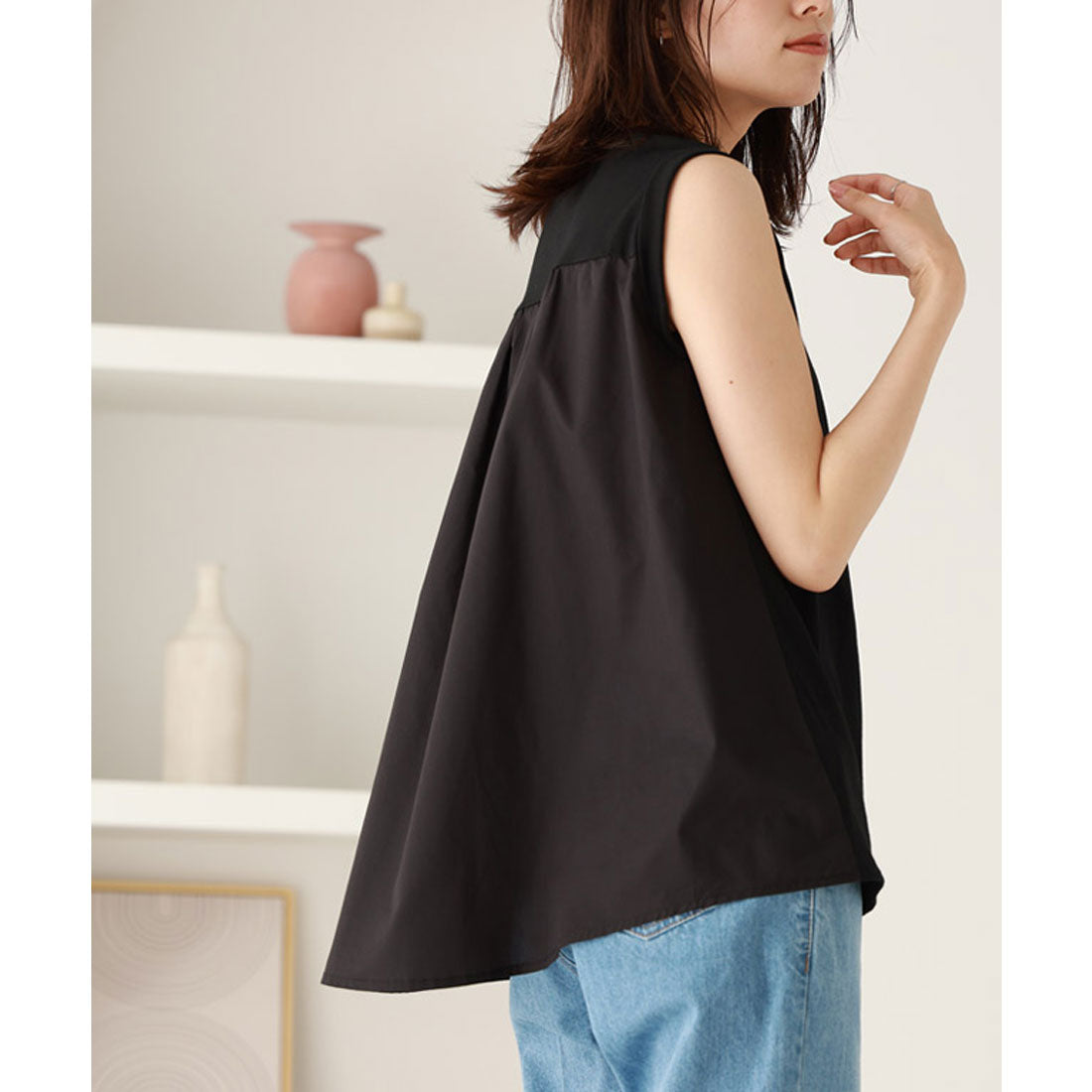 異素材切り替えキーネックカットソー