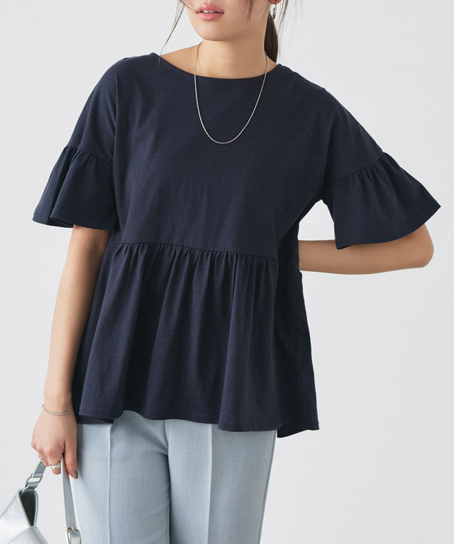 マーベラス バイ ピエロ marvelous by Pierrot 綿100％ギャザーフリルスリーブTシャツ （ネイビー） ネイビー