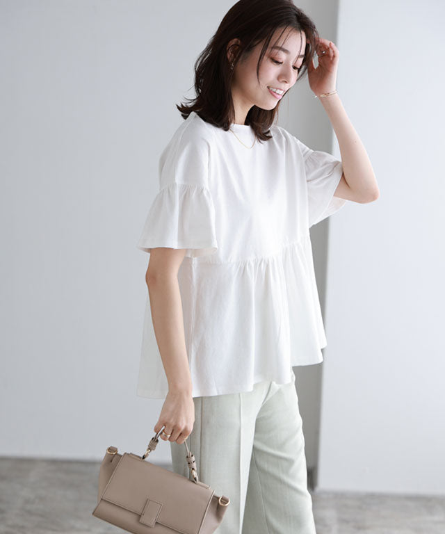 マーベラス バイ ピエロ marvelous by Pierrot 綿100％ギャザーフリルスリーブTシャツ （オフホワイト） オフホワイト