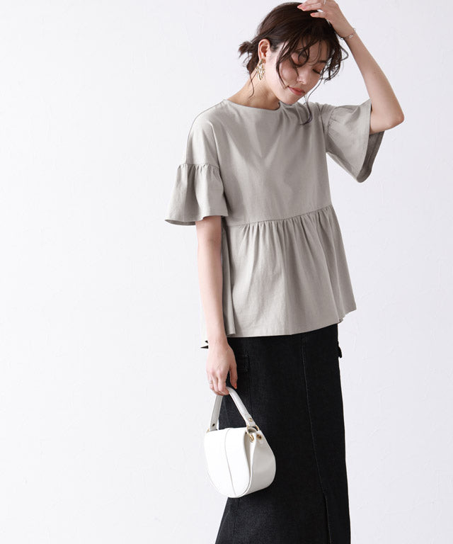 マーベラス バイ ピエロ marvelous by Pierrot 綿100％ギャザーフリルスリーブTシャツ （グレージュ） グレージュ