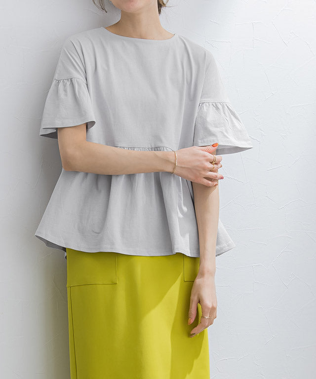 マーベラス バイ ピエロ marvelous by Pierrot 綿100％ギャザーフリルスリーブTシャツ （ライトグレー） ライトグレー