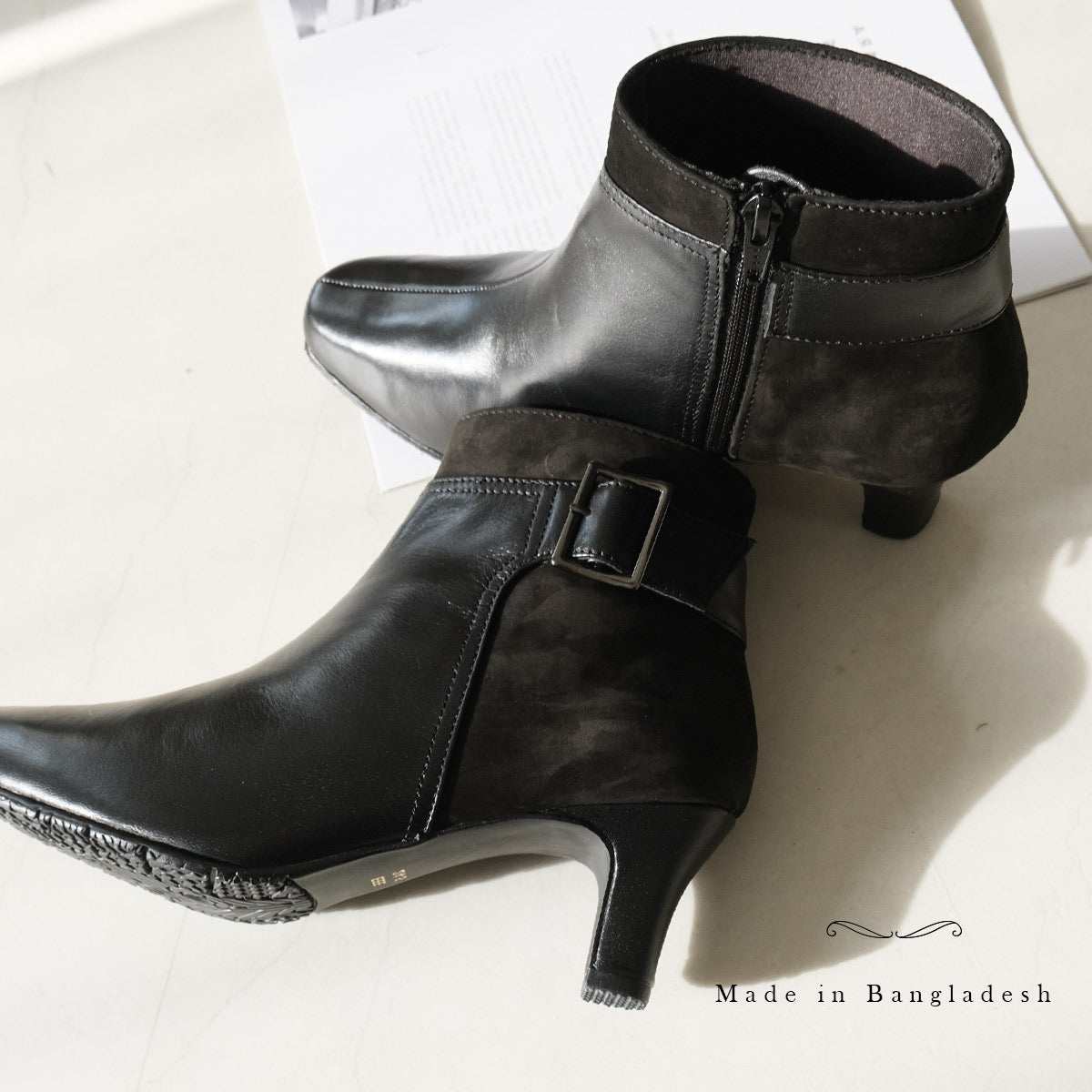 [Genuine Leather] Short Boots Boots Leather 6cm Heel Women's Easy to Walk Leather Boots black