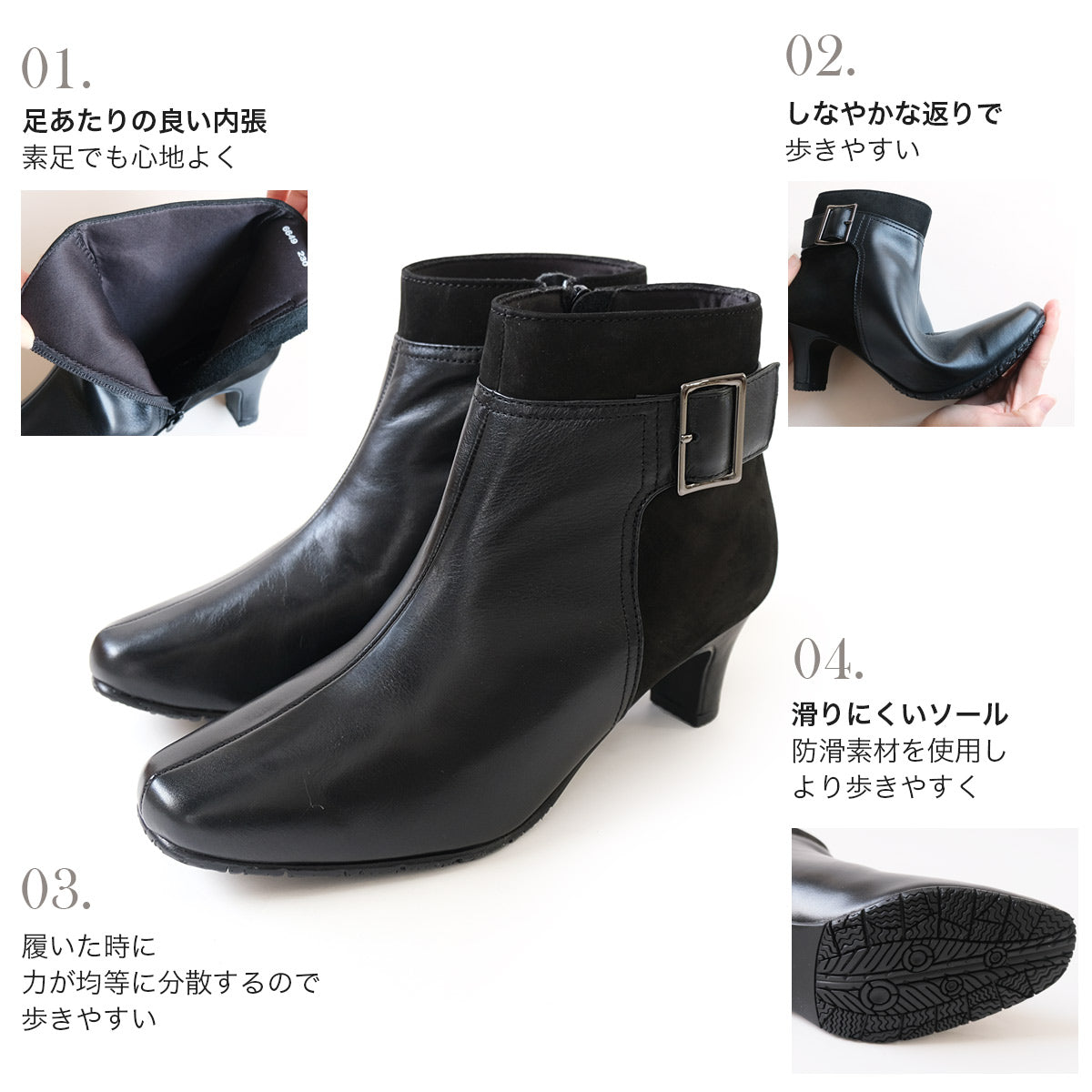 [Genuine Leather] Short Boots Boots Leather 6cm Heel Women's Easy to Walk Leather Boots black