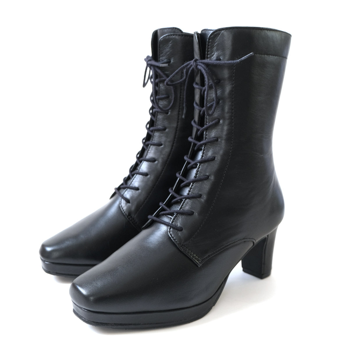 [Genuine Leather] Lace-Up Short Boots Boots Leather 6cm Heel Women's Easy to Walk Leather Boots Black