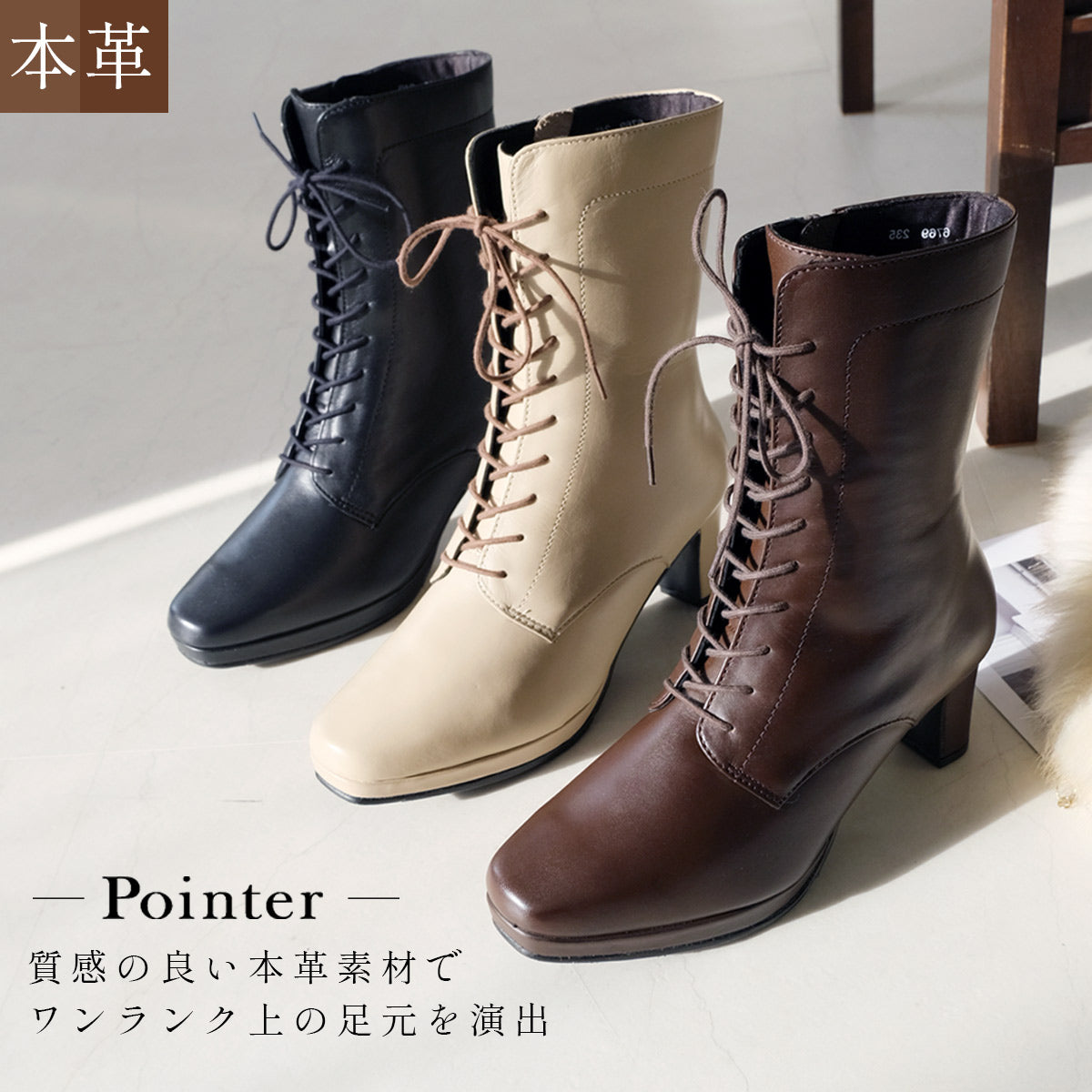 [Genuine Leather] Lace-Up Short Boots Boots Leather 6cm Heel Women's Easy to Walk Leather Boots Black