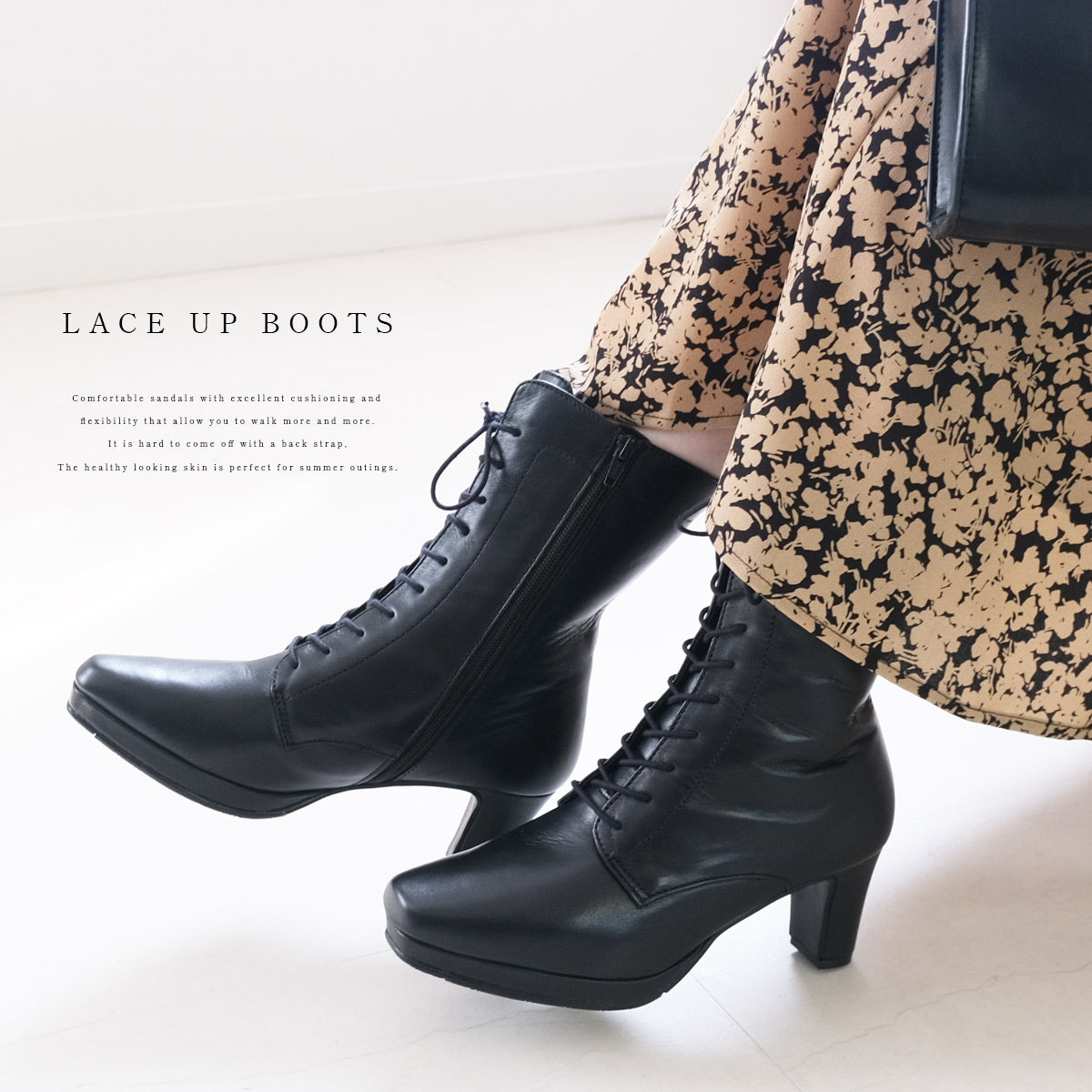 [Genuine Leather] Lace-Up Short Boots Boots Leather 6cm Heel Women's Easy to Walk Leather Boots Black