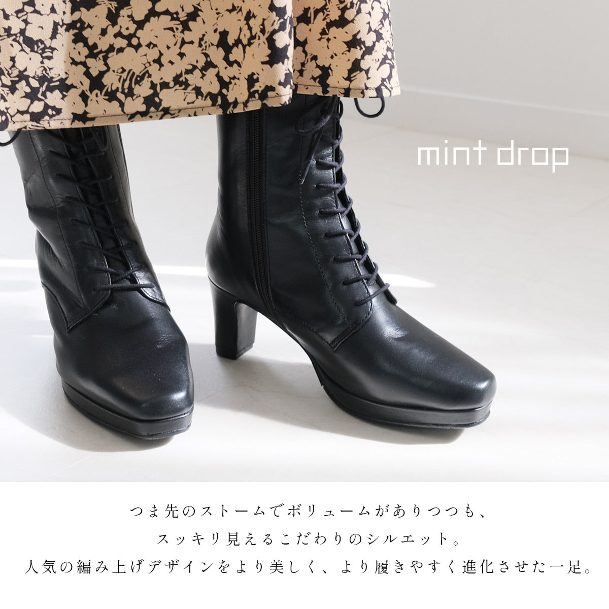 [Genuine Leather] Lace-Up Short Boots Boots Leather 6cm Heel Women's Easy to Walk Leather Boots Black