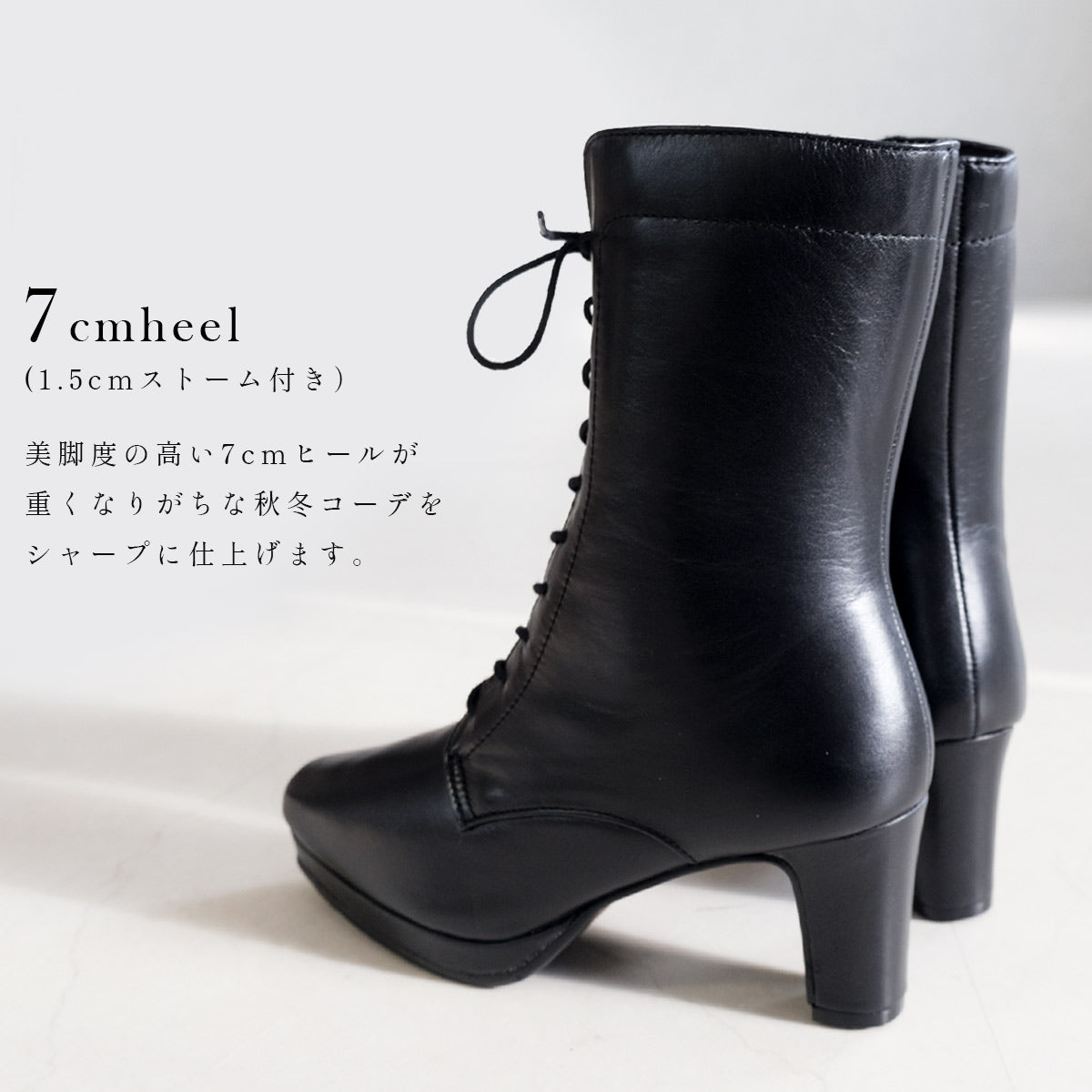 [Genuine Leather] Lace-Up Short Boots Boots Leather 6cm Heel Women's Easy to Walk Leather Boots Black