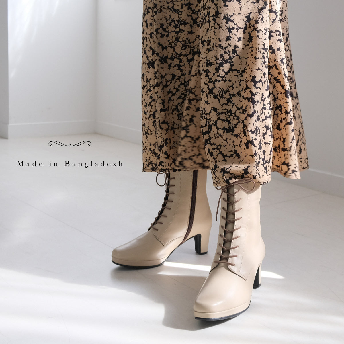 [Genuine Leather] Lace-Up Short Boots Boots Leather 6cm Heel Women's Easy to Walk Leather Boots Black