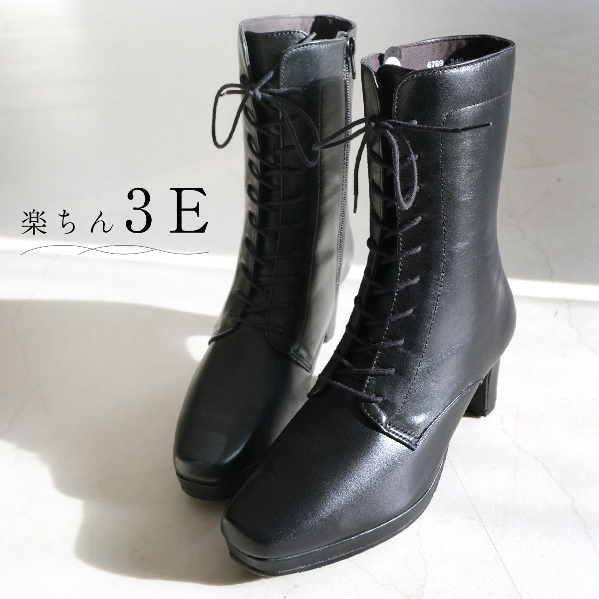 [Genuine Leather] Lace-Up Short Boots Boots Leather 6cm Heel Women's Easy to Walk Leather Boots Black