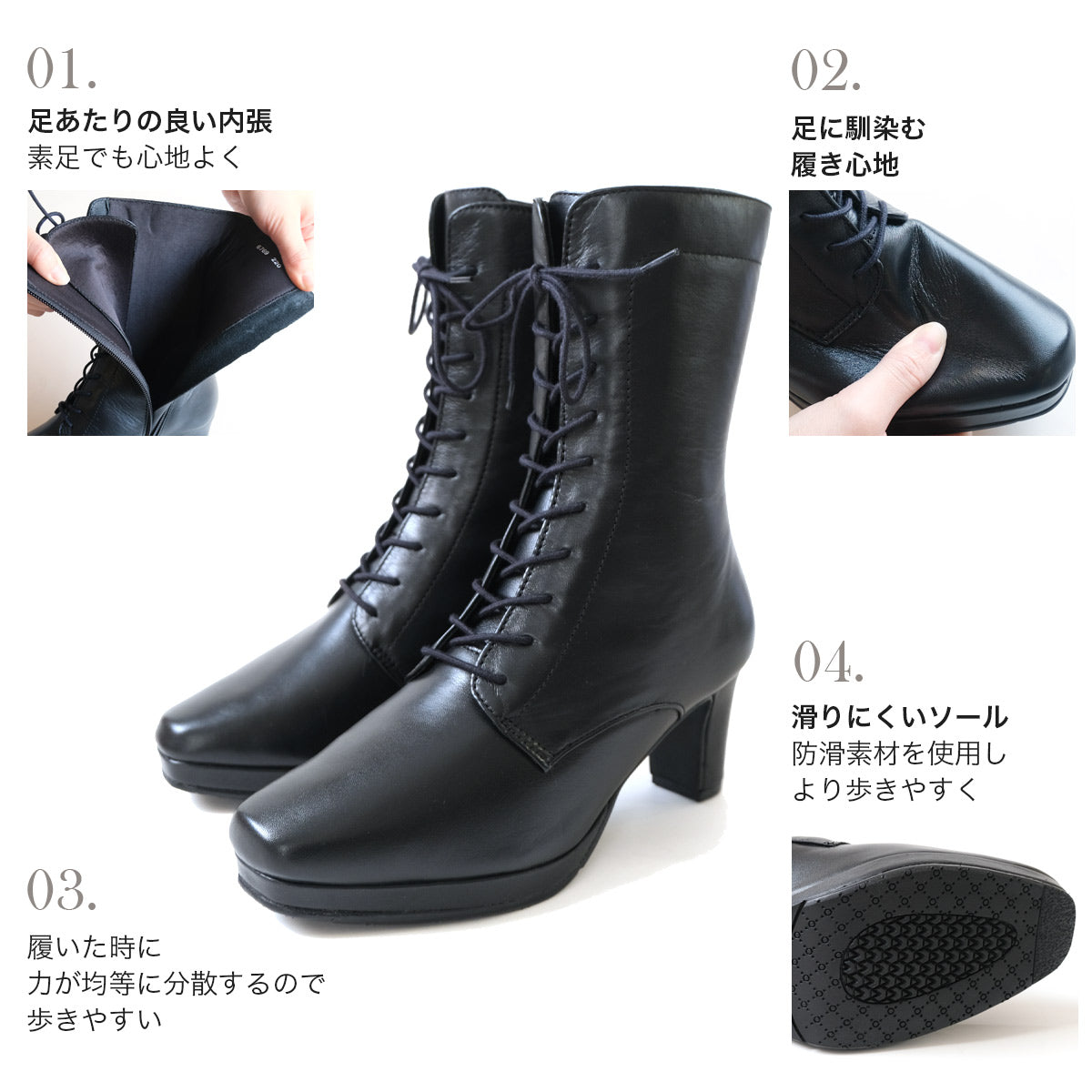 [Genuine Leather] Lace-Up Short Boots Boots Leather 6cm Heel Women's Easy to Walk Leather Boots Black