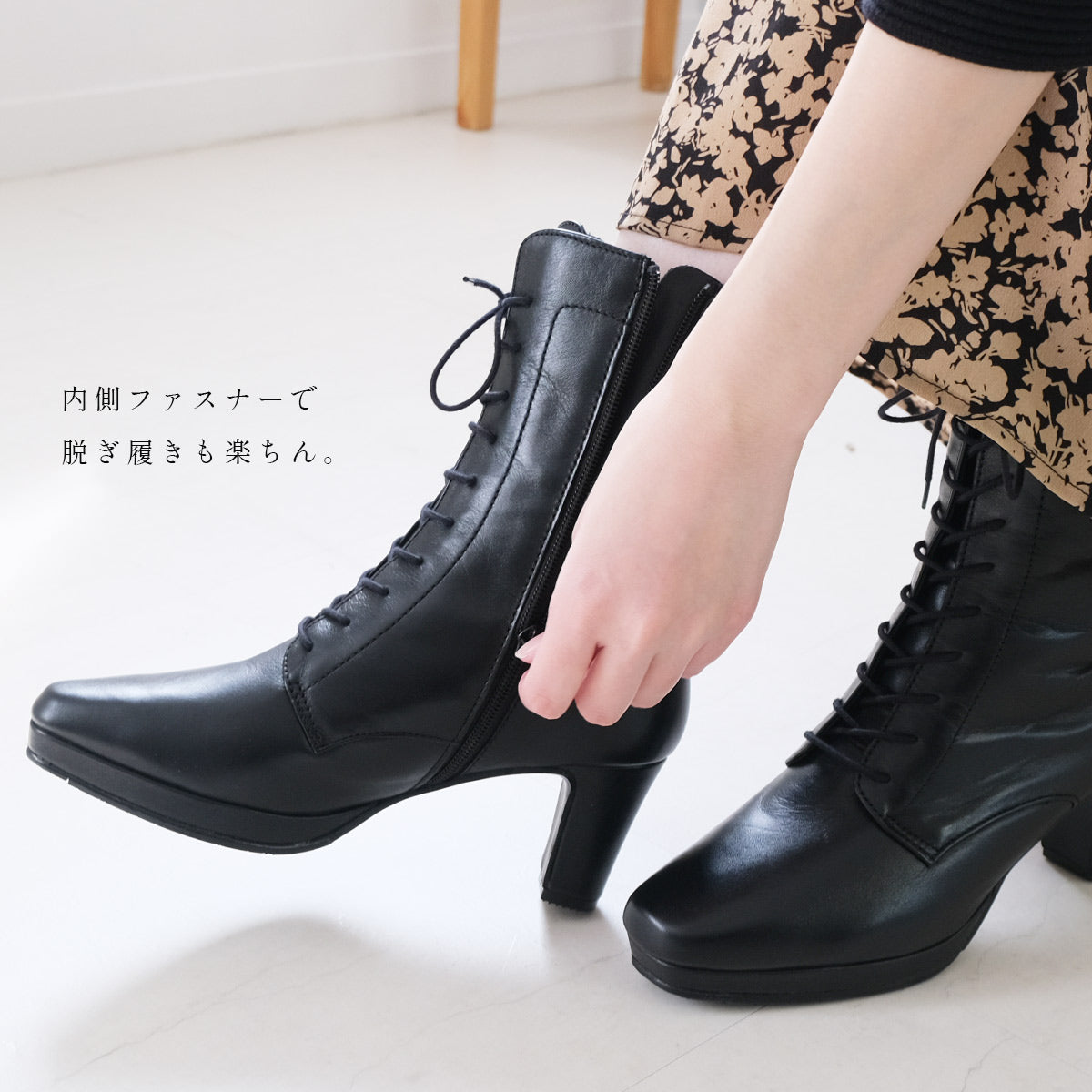 [Genuine Leather] Lace-Up Short Boots Boots Leather 6cm Heel Women's Easy to Walk Leather Boots Black
