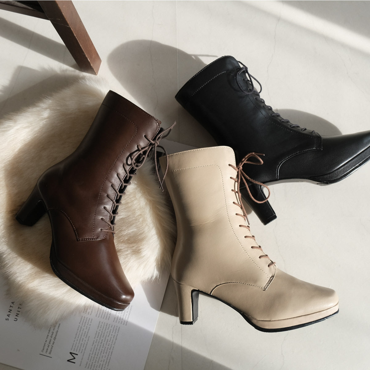[Genuine Leather] Lace-Up Short Boots Boots Leather 6cm Heel Women's Easy to Walk Leather Boots Black