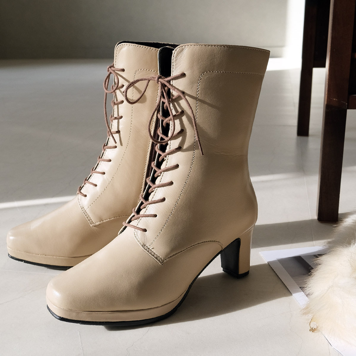 [Genuine Leather] Lace-Up Short Boots Boots Leather 6cm Heel Women's Easy to Walk Leather Boots Black