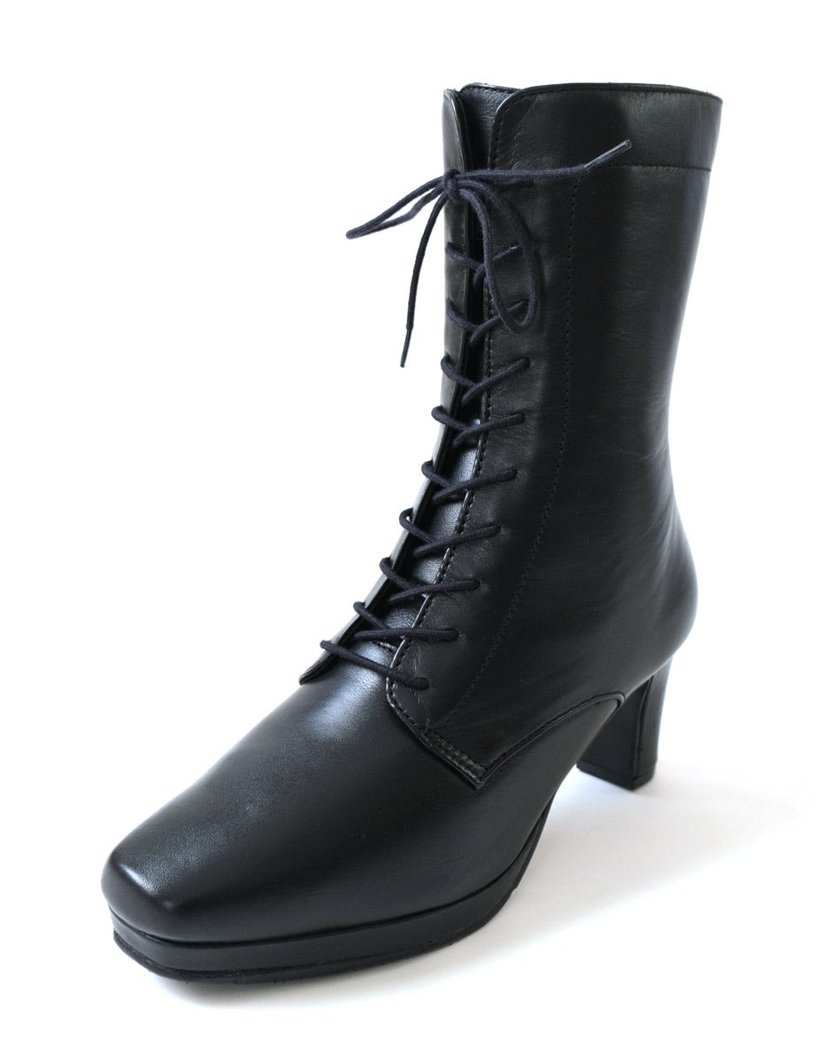 [Genuine Leather] Lace-Up Short Boots Boots Leather 6cm Heel Women's Easy to Walk Leather Boots Black