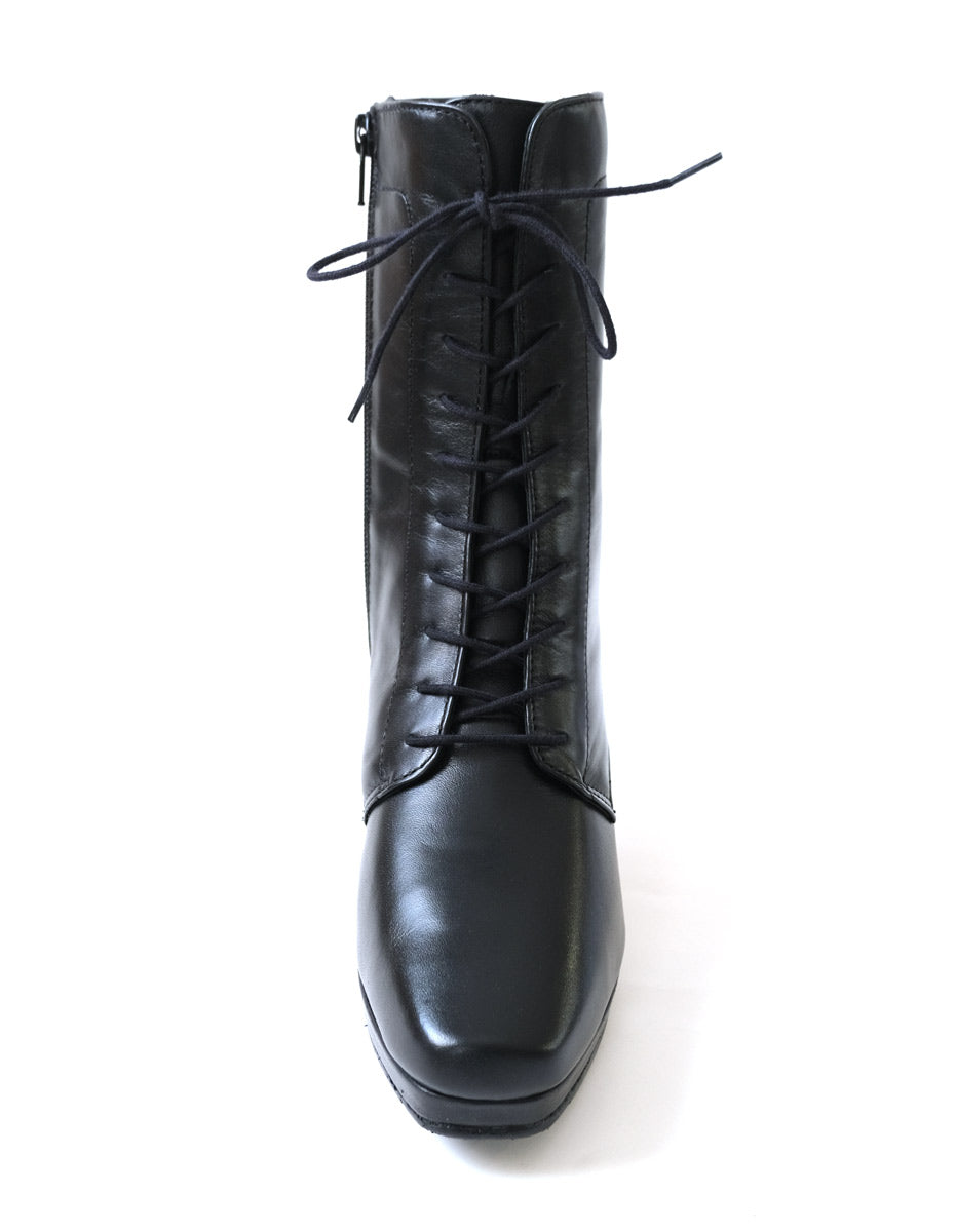 [Genuine Leather] Lace-Up Short Boots Boots Leather 6cm Heel Women's Easy to Walk Leather Boots Black