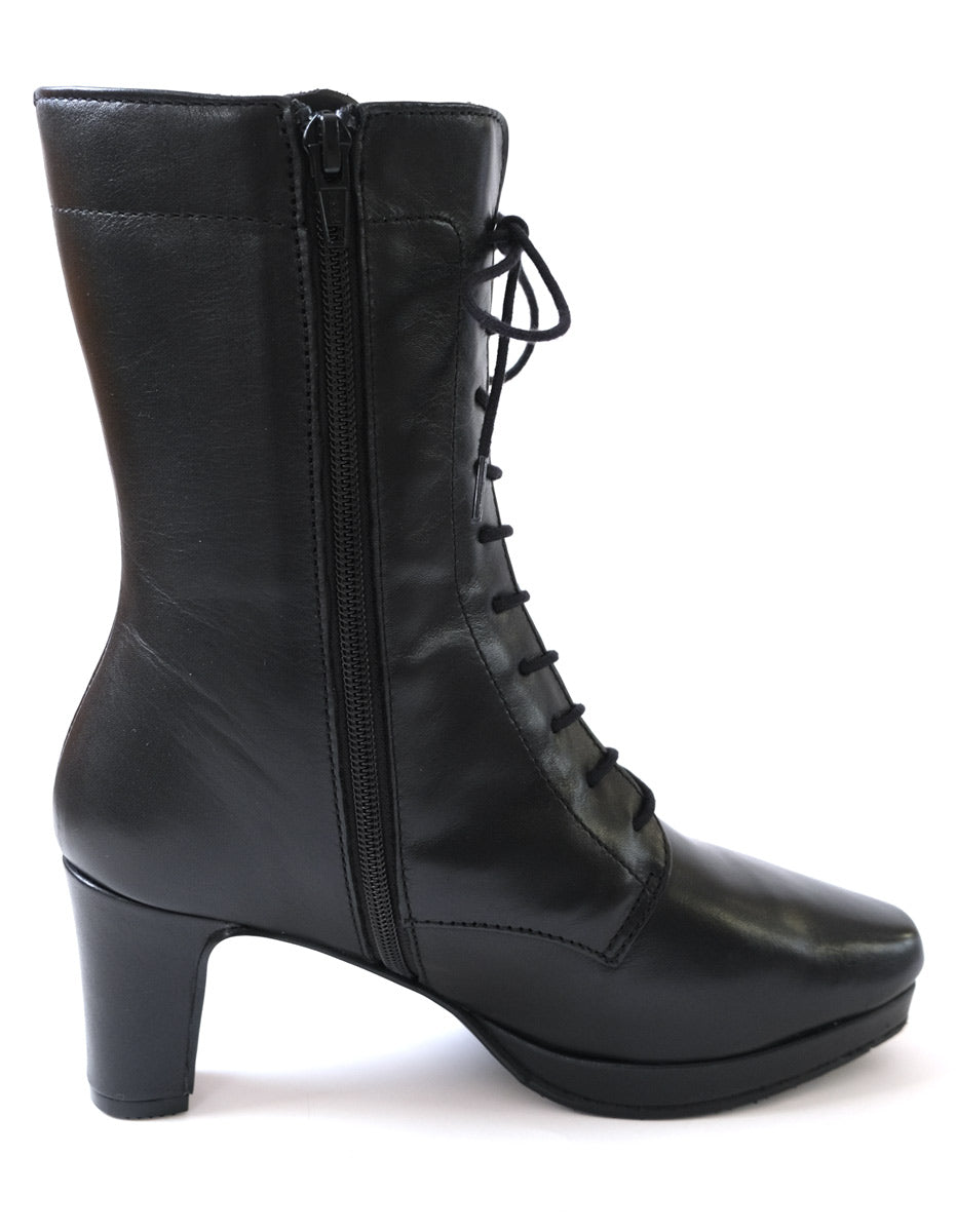 [Genuine Leather] Lace-Up Short Boots Boots Leather 6cm Heel Women's Easy to Walk Leather Boots Black