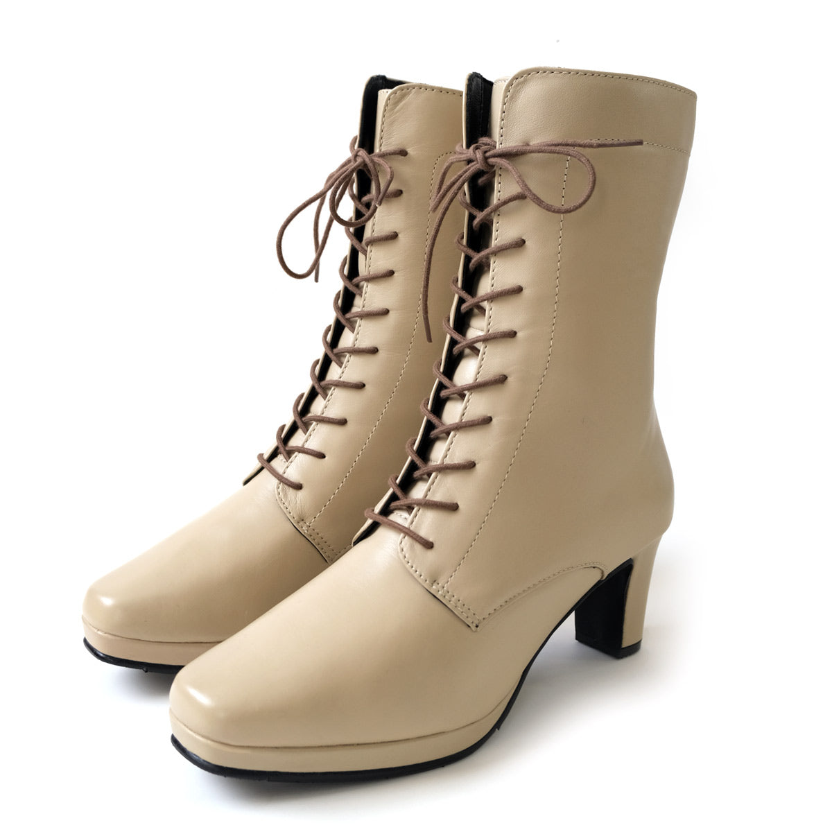 [Genuine Leather] Lace-Up Short Boots Boots Leather 6cm Heel Women's Easy to Walk Leather Boots Black