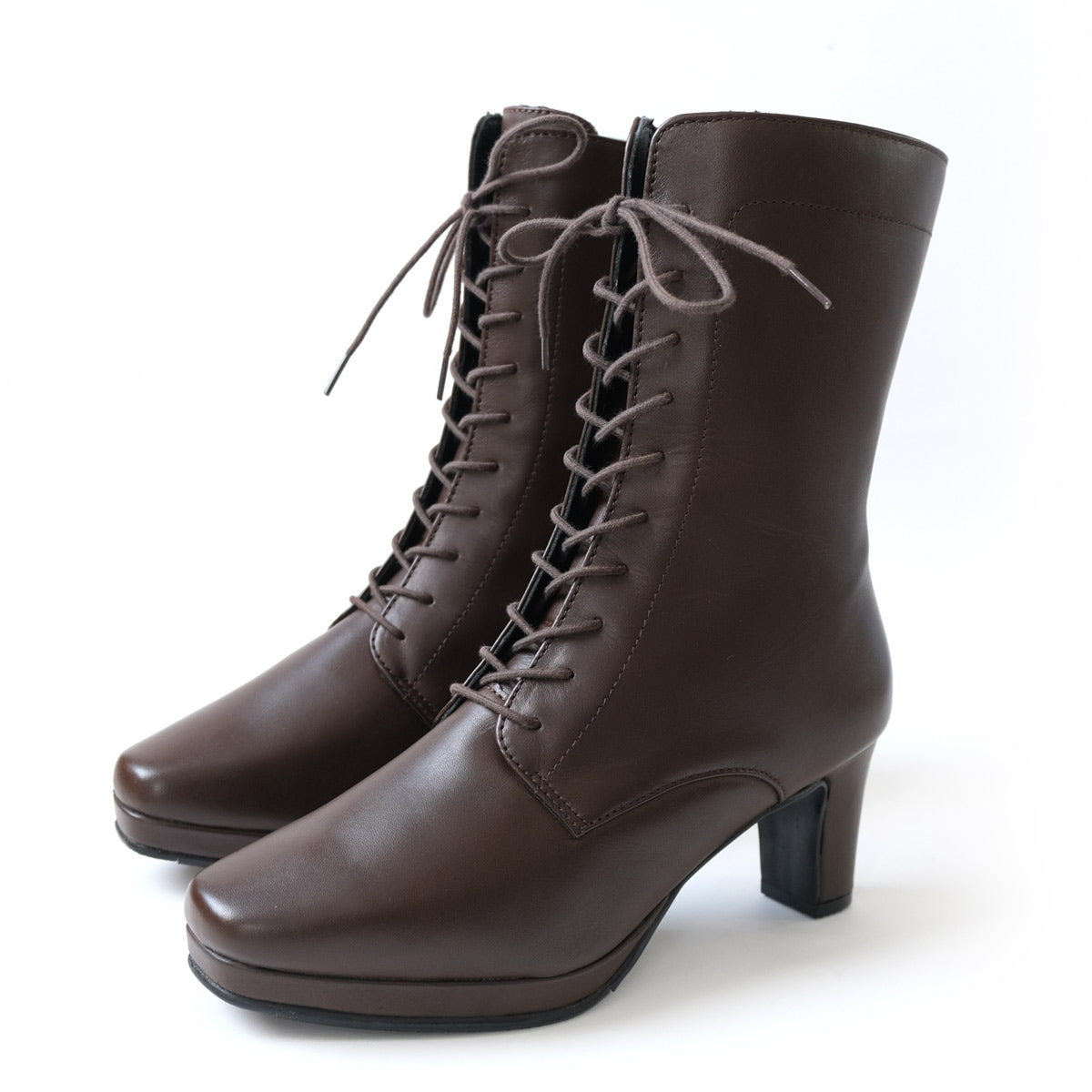 [Genuine Leather] Lace-Up Short Boots Boots Leather 6cm Heel Women's Easy to Walk Leather Boots Black