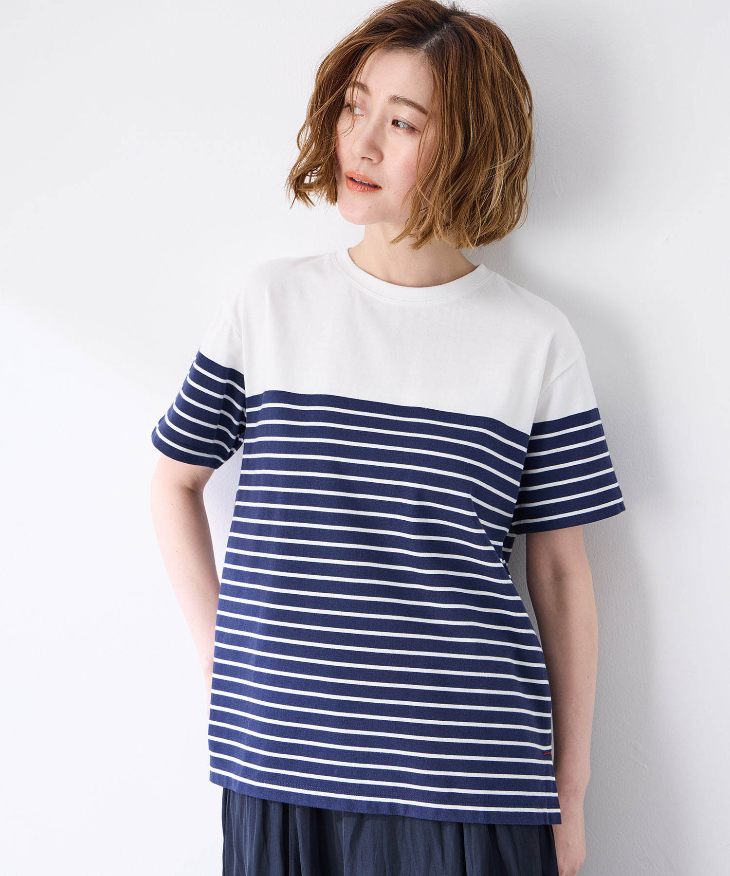 プチ オンフルール Petit Honfleur 【UVカット】【接触冷感】パネルボーダーTシャツ （ネイビー） ネイビー