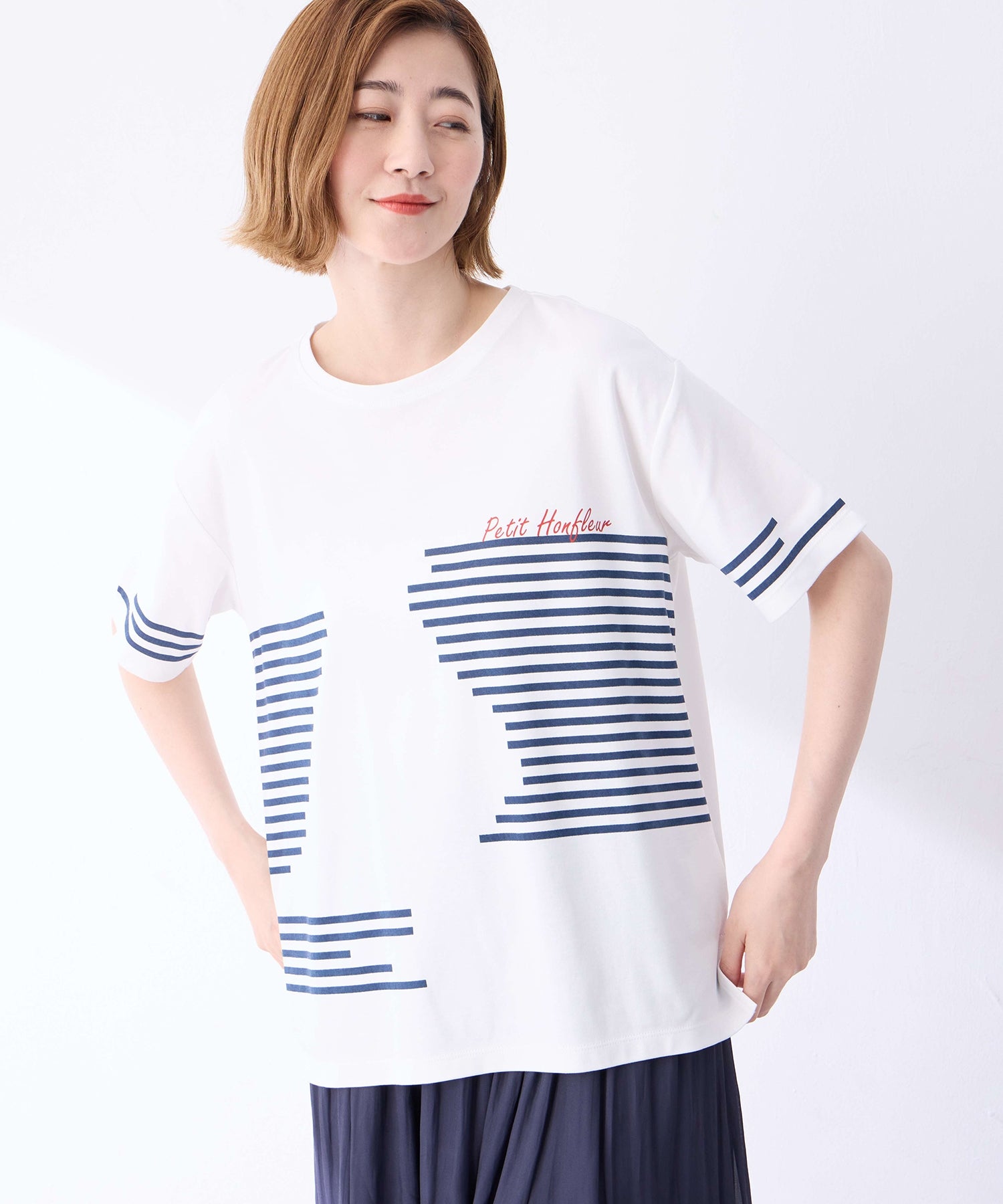 プチ オンフルール Petit Honfleur 【冷感】デザインボーダーTシャツ （ネイビー） ネイビー