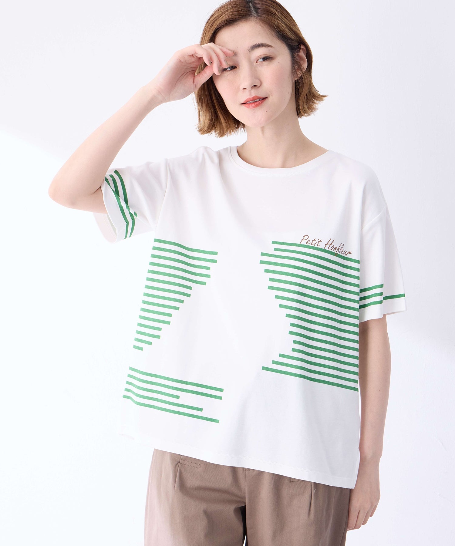 プチ オンフルール Petit Honfleur 【冷感】デザインボーダーTシャツ （ネイビー） ネイビー
