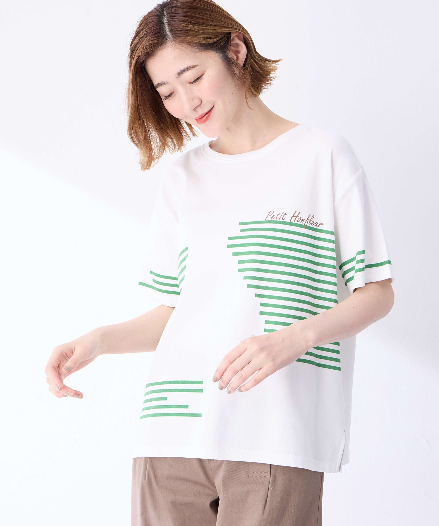 プチ オンフルール Petit Honfleur 【冷感】デザインボーダーTシャツ （ネイビー） ネイビー