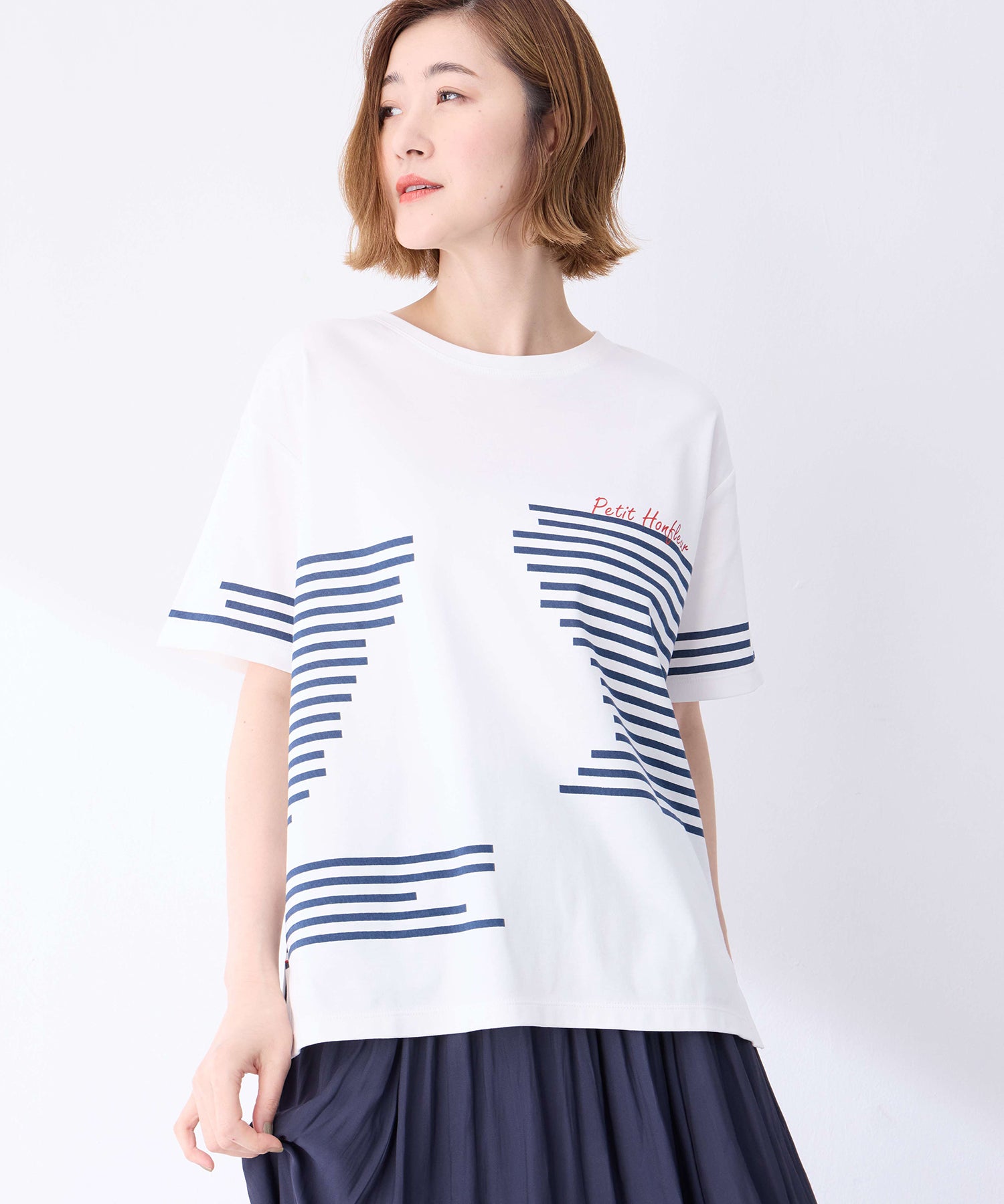 プチ オンフルール Petit Honfleur 【冷感】デザインボーダーTシャツ （ネイビー） ネイビー