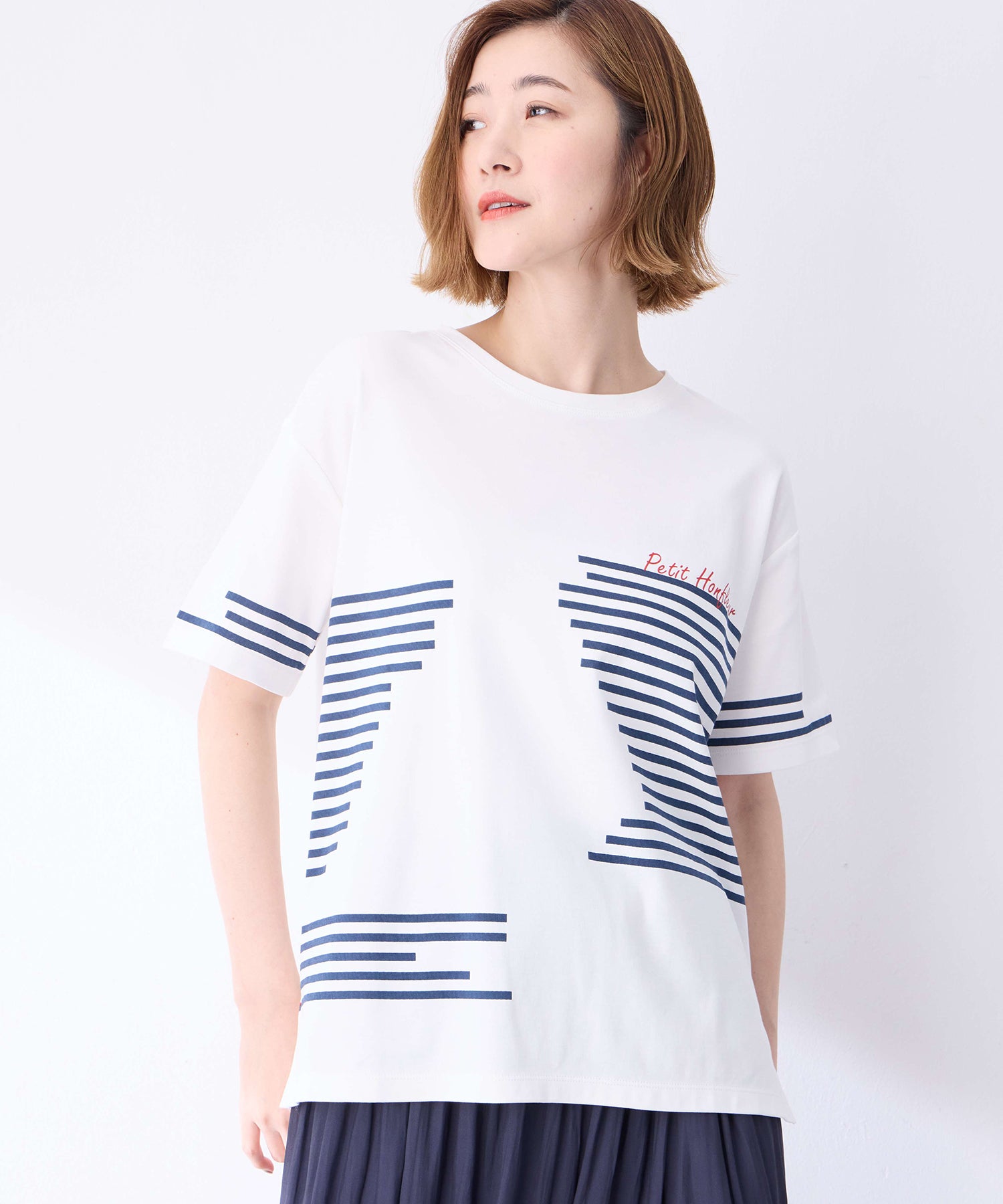 プチ オンフルール Petit Honfleur 【冷感】デザインボーダーTシャツ （ネイビー） ネイビー