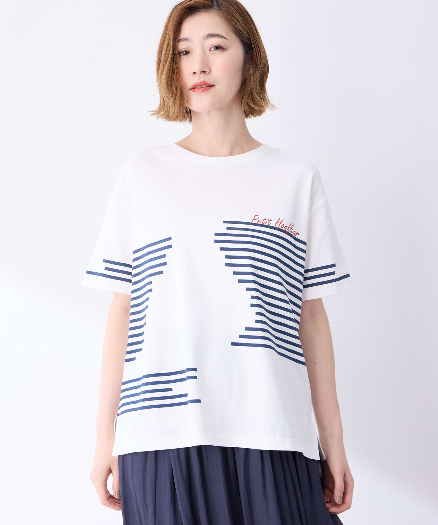 プチ オンフルール Petit Honfleur 【冷感】デザインボーダーTシャツ （ネイビー） ネイビー