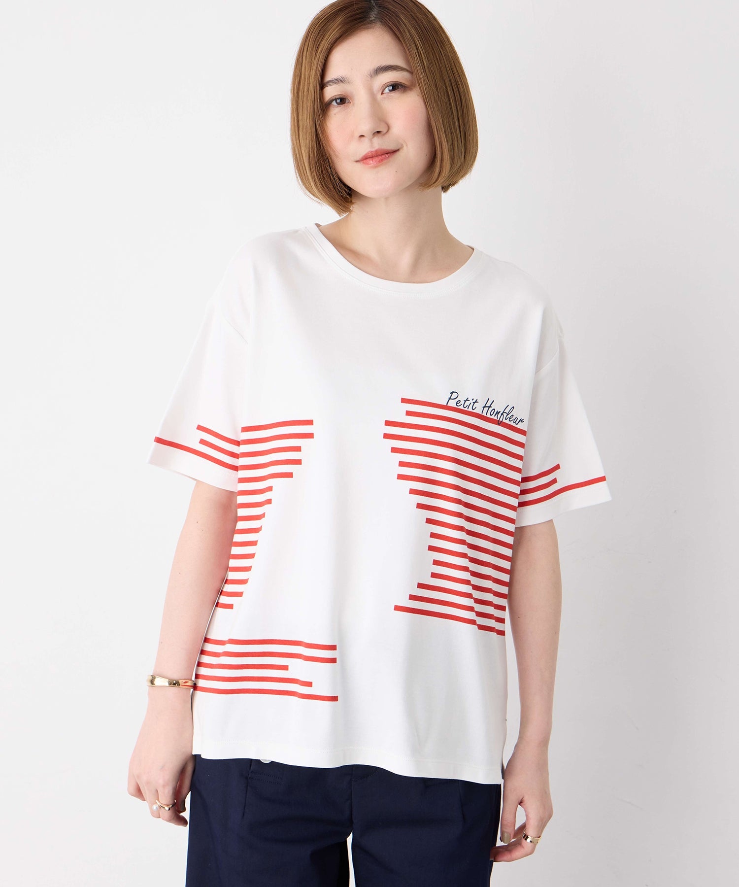 プチ オンフルール Petit Honfleur 【冷感】デザインボーダーTシャツ （ネイビー） ネイビー