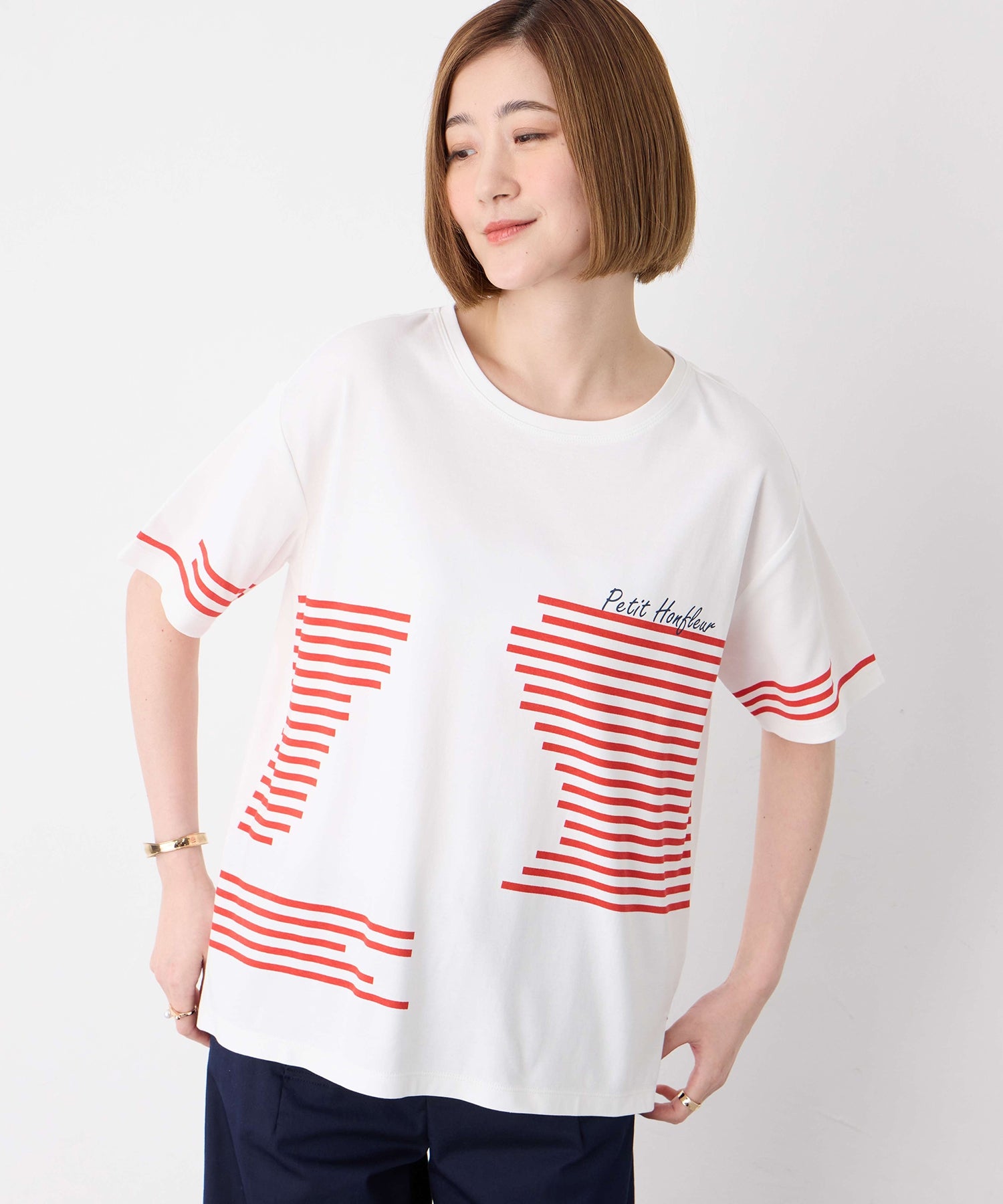 プチ オンフルール Petit Honfleur 【冷感】デザインボーダーTシャツ （ネイビー） ネイビー