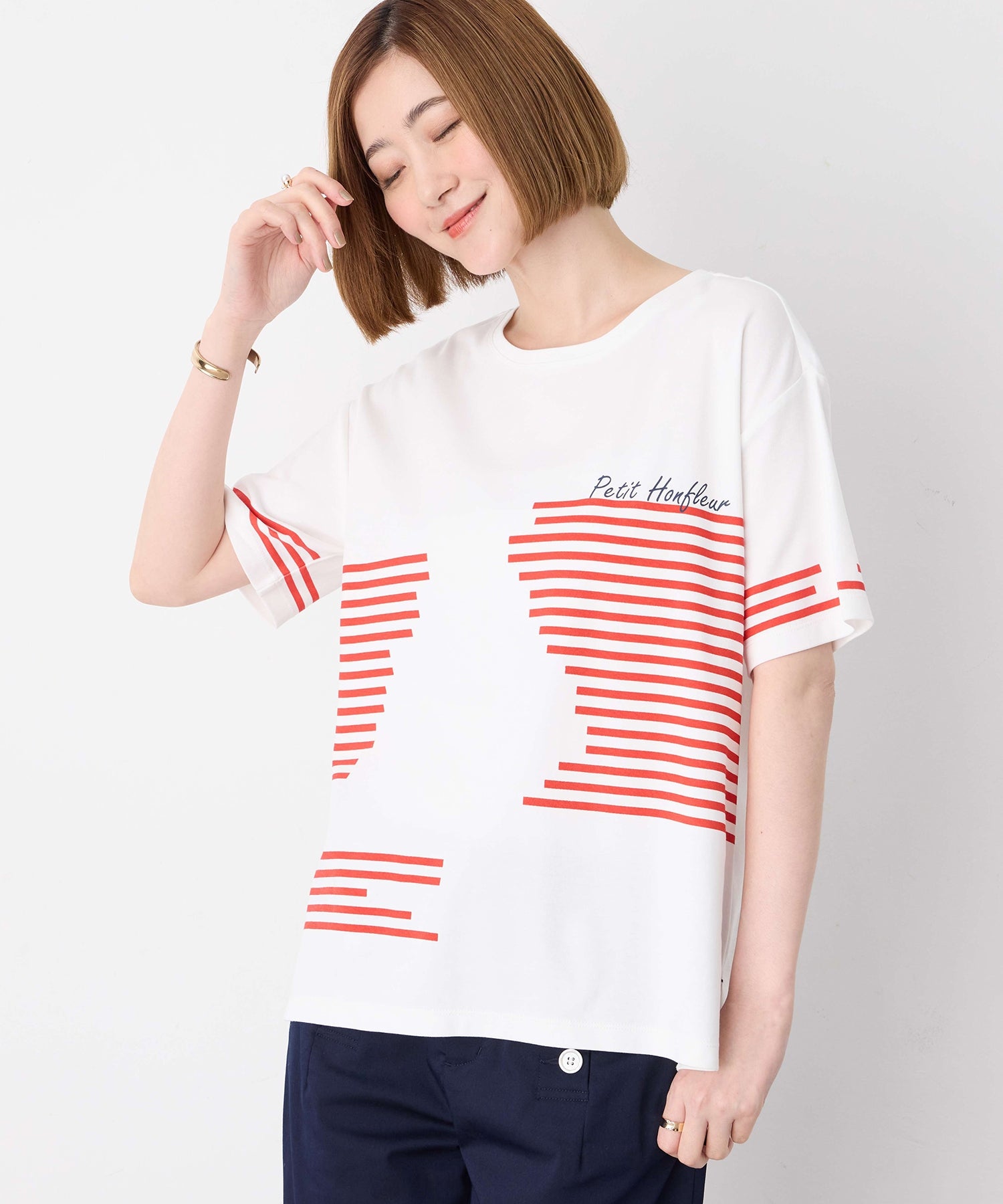プチ オンフルール Petit Honfleur 【冷感】デザインボーダーTシャツ （ネイビー） ネイビー