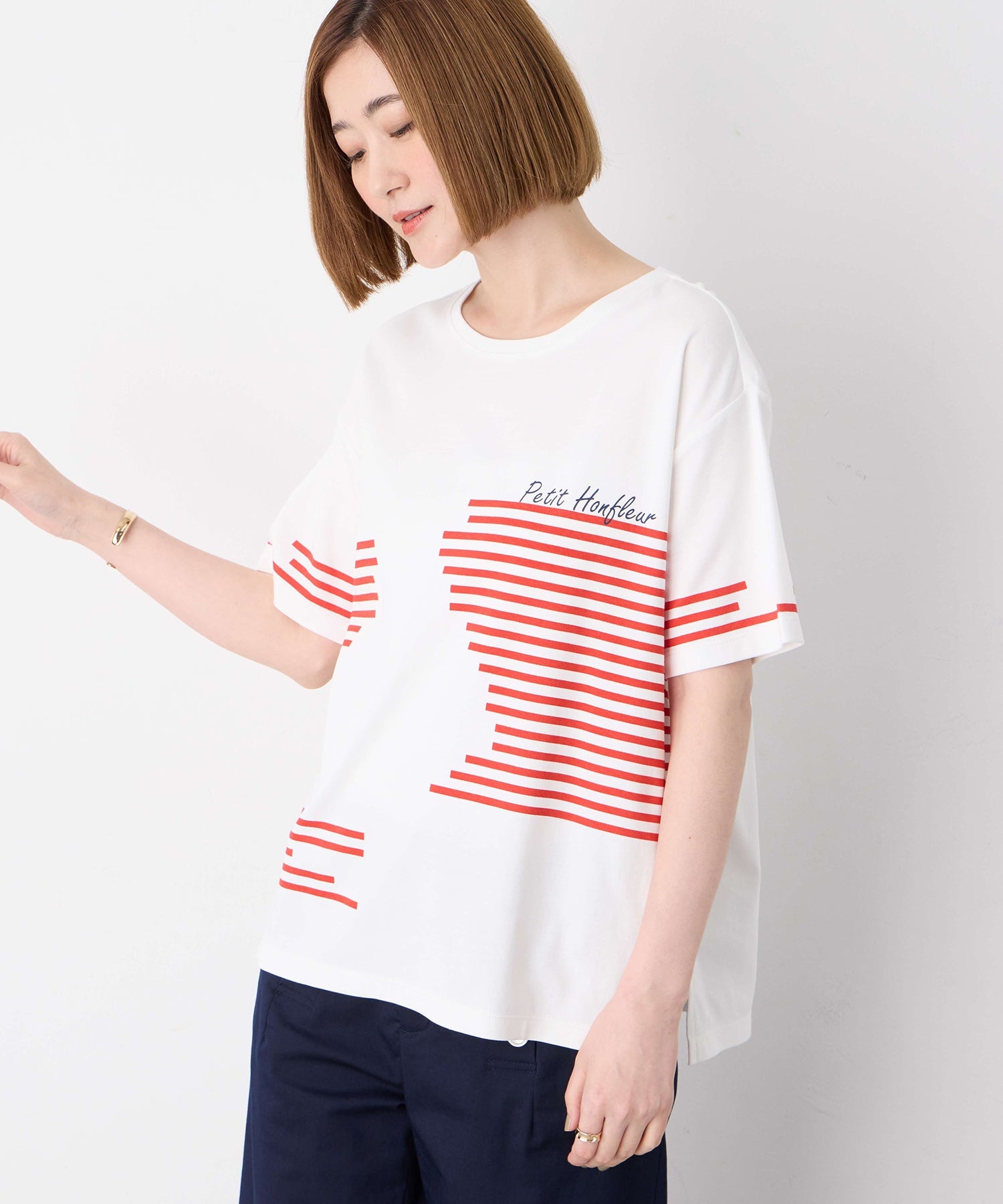 プチ オンフルール Petit Honfleur 【冷感】デザインボーダーTシャツ （ネイビー） ネイビー
