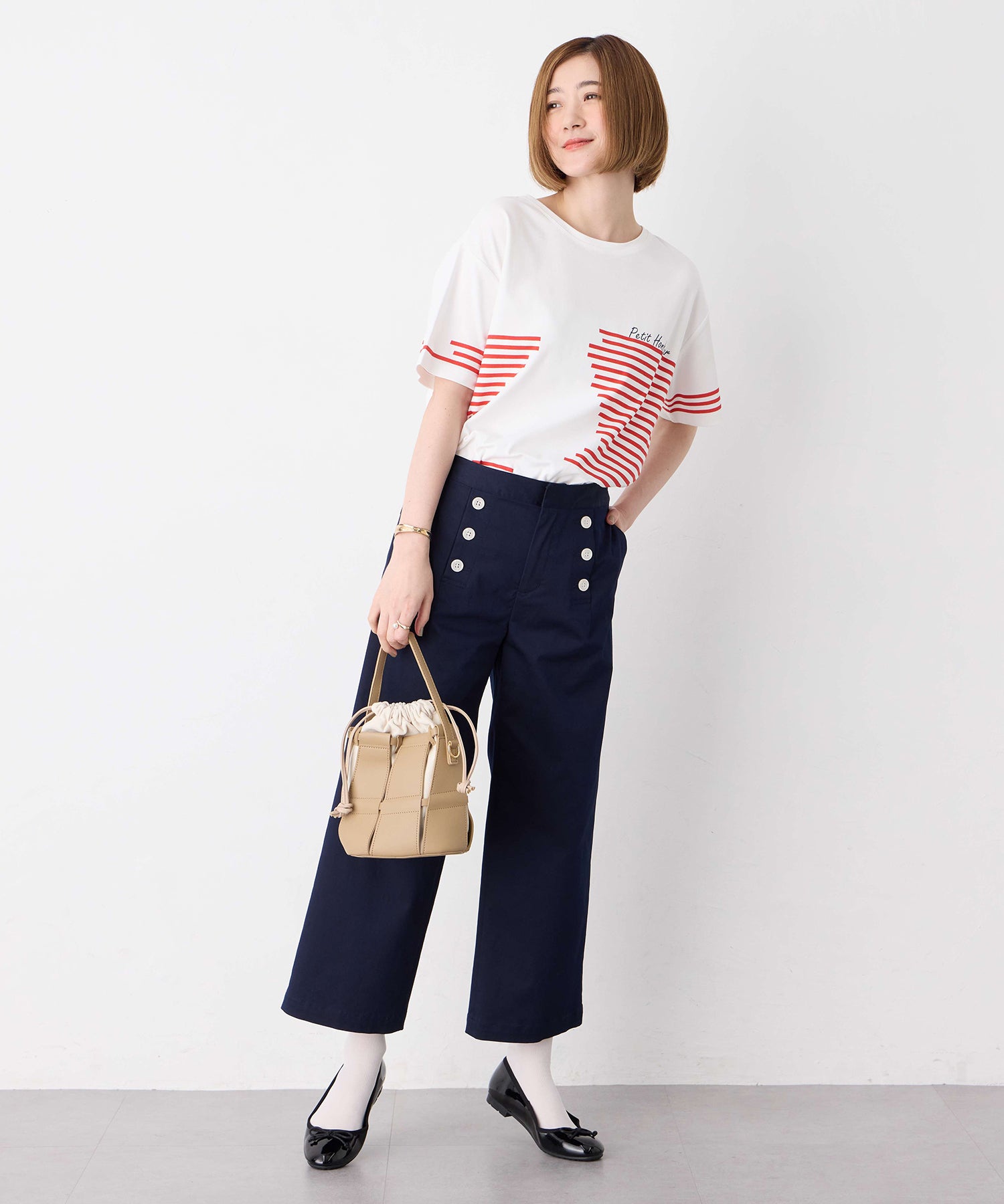 プチ オンフルール Petit Honfleur 【冷感】デザインボーダーTシャツ （ネイビー） ネイビー