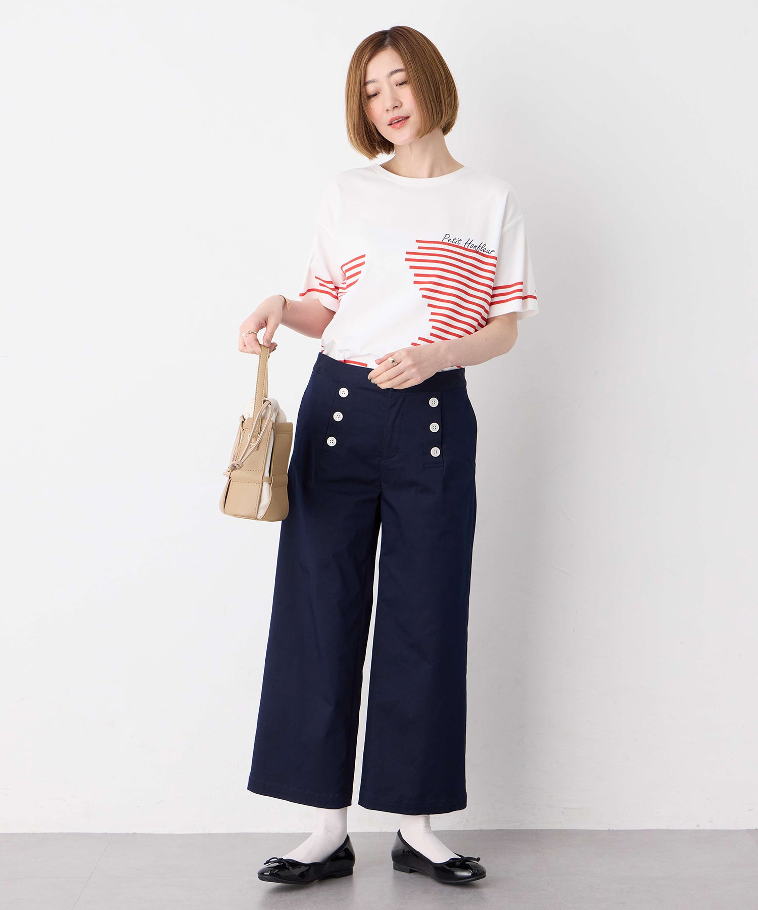 プチ オンフルール Petit Honfleur 【冷感】デザインボーダーTシャツ （ネイビー） ネイビー