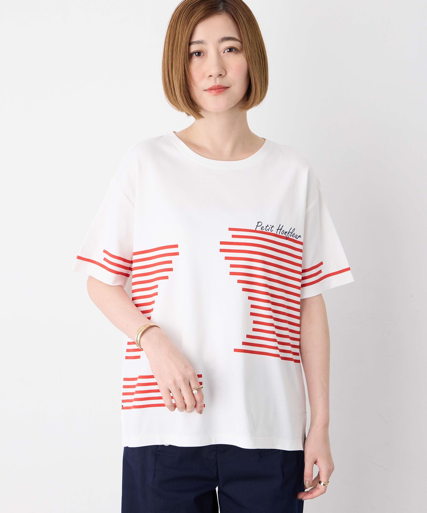 プチ オンフルール Petit Honfleur 【冷感】デザインボーダーTシャツ （レッド） レッド