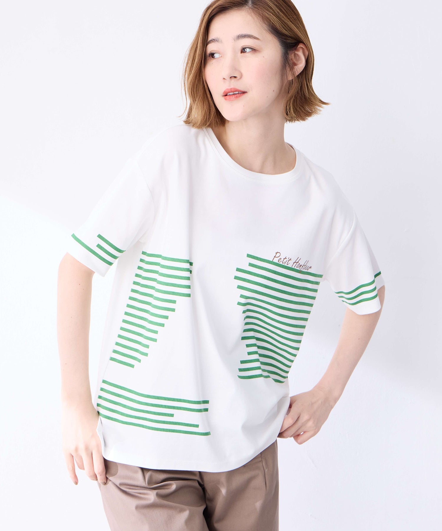 プチ オンフルール Petit Honfleur 【冷感】デザインボーダーTシャツ （グリーン） グリーン