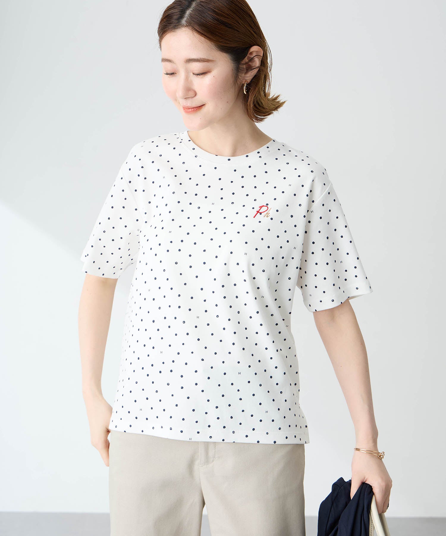 プチ オンフルール Petit Honfleur ドットプリントTシャツ【オーガニックコットンブレンド・接触冷感・UVカット】 （ホワイト） ホワイト