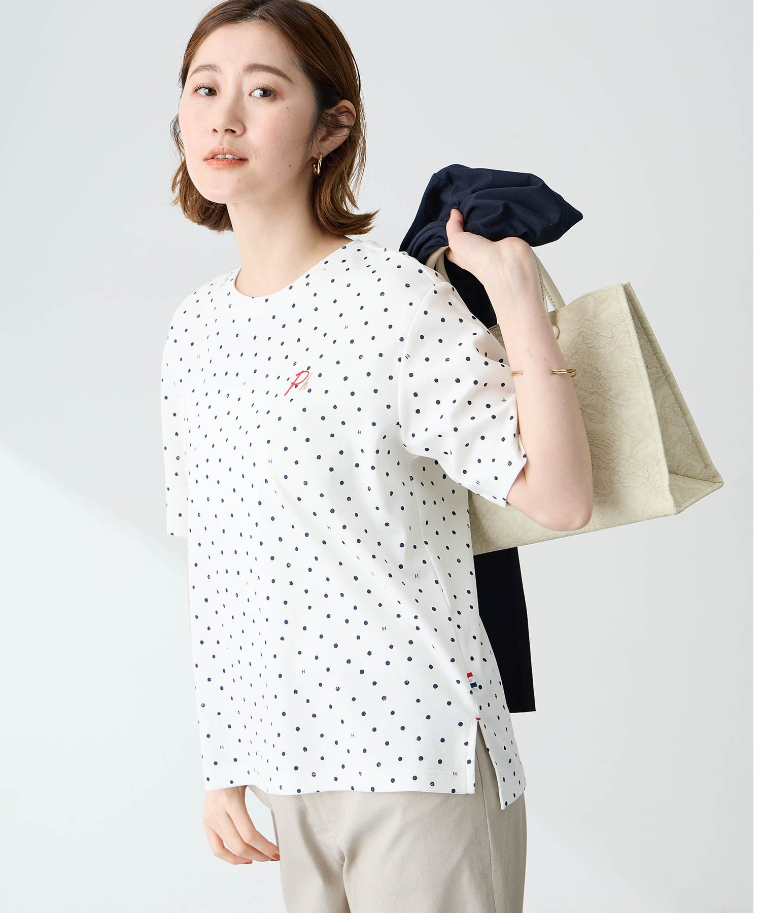 プチ オンフルール Petit Honfleur ドットプリントTシャツ【オーガニックコットンブレンド・接触冷感・UVカット】 （ホワイト） ホワイト