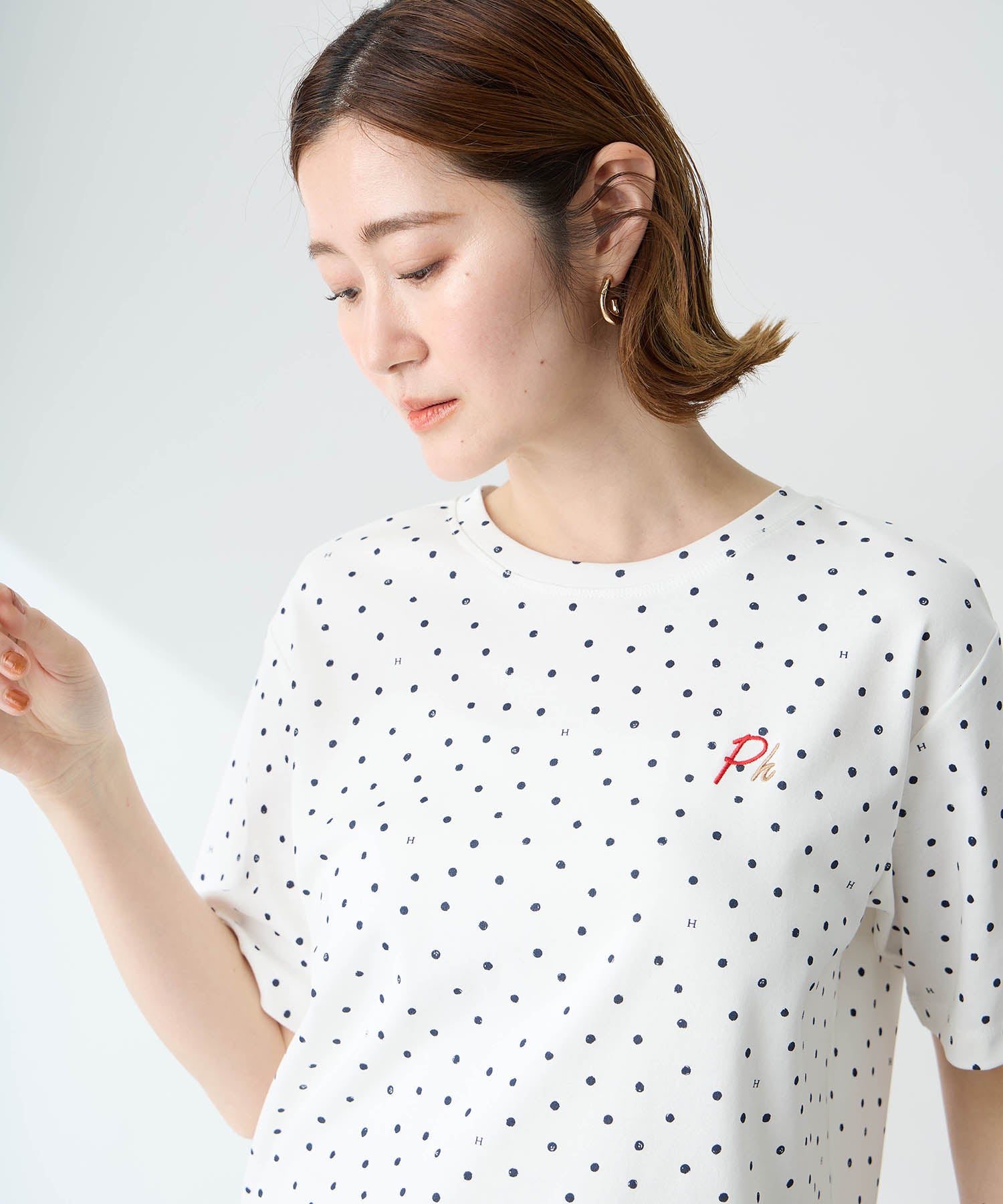 プチ オンフルール Petit Honfleur ドットプリントTシャツ【オーガニックコットンブレンド・接触冷感・UVカット】 （ホワイト） ホワイト