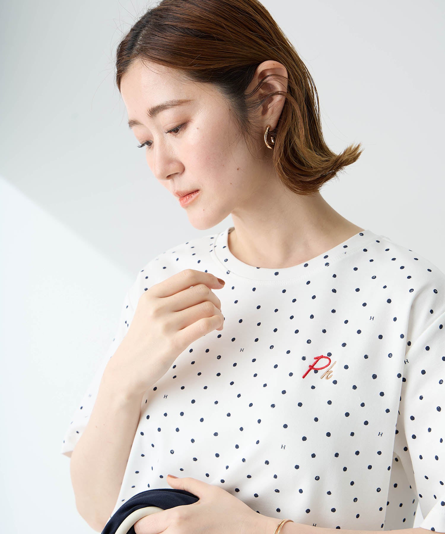 プチ オンフルール Petit Honfleur ドットプリントTシャツ【オーガニックコットンブレンド・接触冷感・UVカット】 （ホワイト） ホワイト