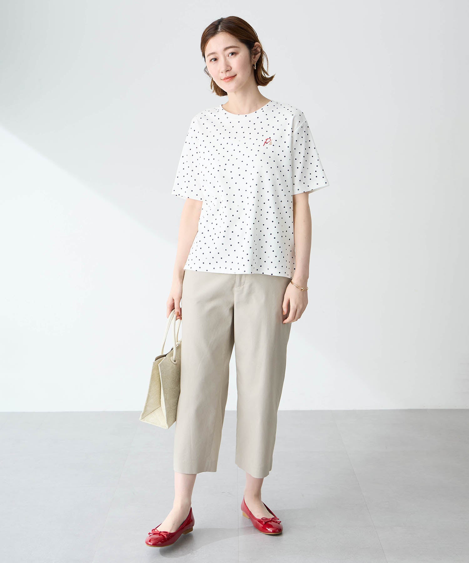 プチ オンフルール Petit Honfleur ドットプリントTシャツ【オーガニックコットンブレンド・接触冷感・UVカット】 （ホワイト） ホワイト