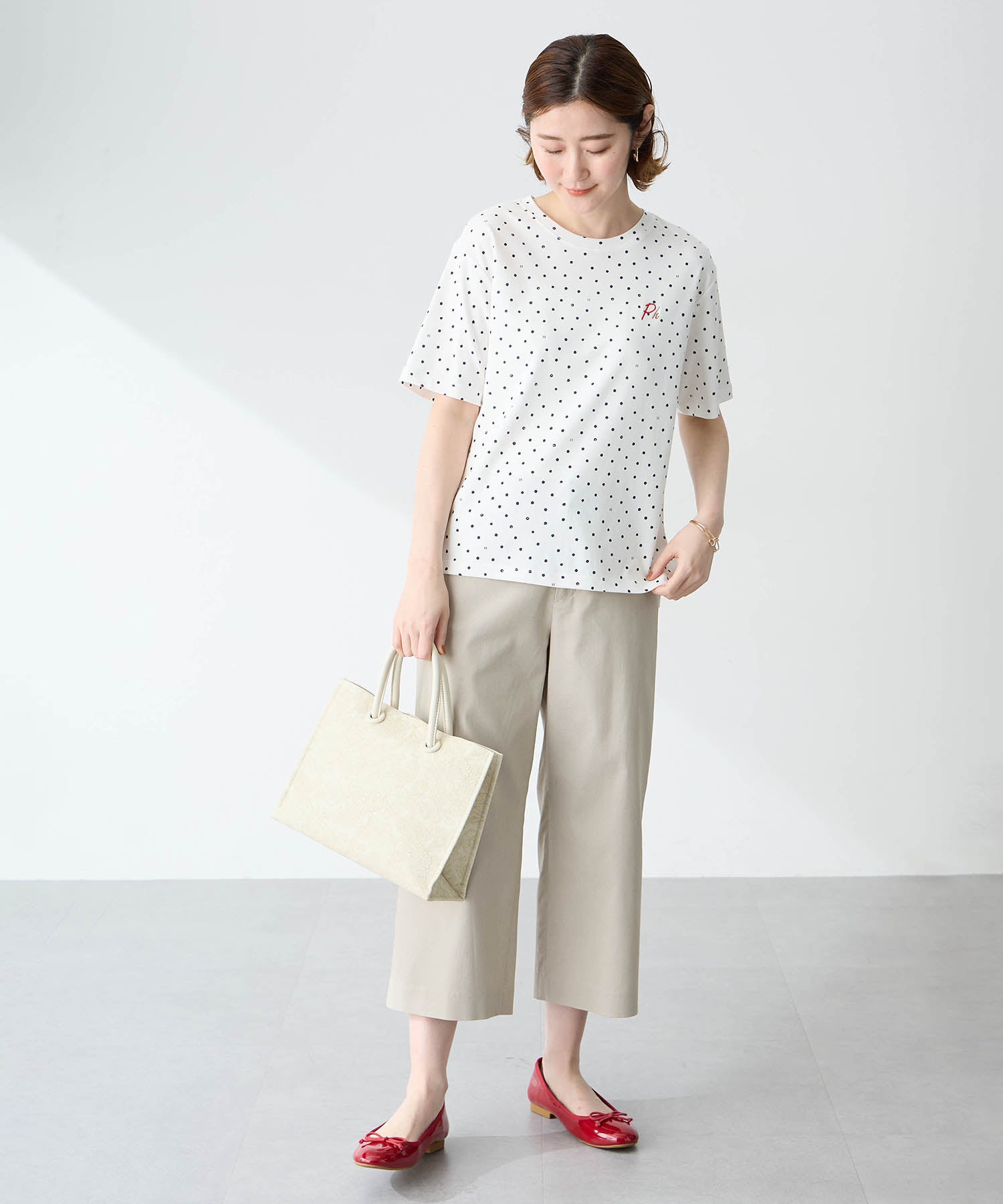 プチ オンフルール Petit Honfleur ドットプリントTシャツ【オーガニックコットンブレンド・接触冷感・UVカット】 （ホワイト） ホワイト