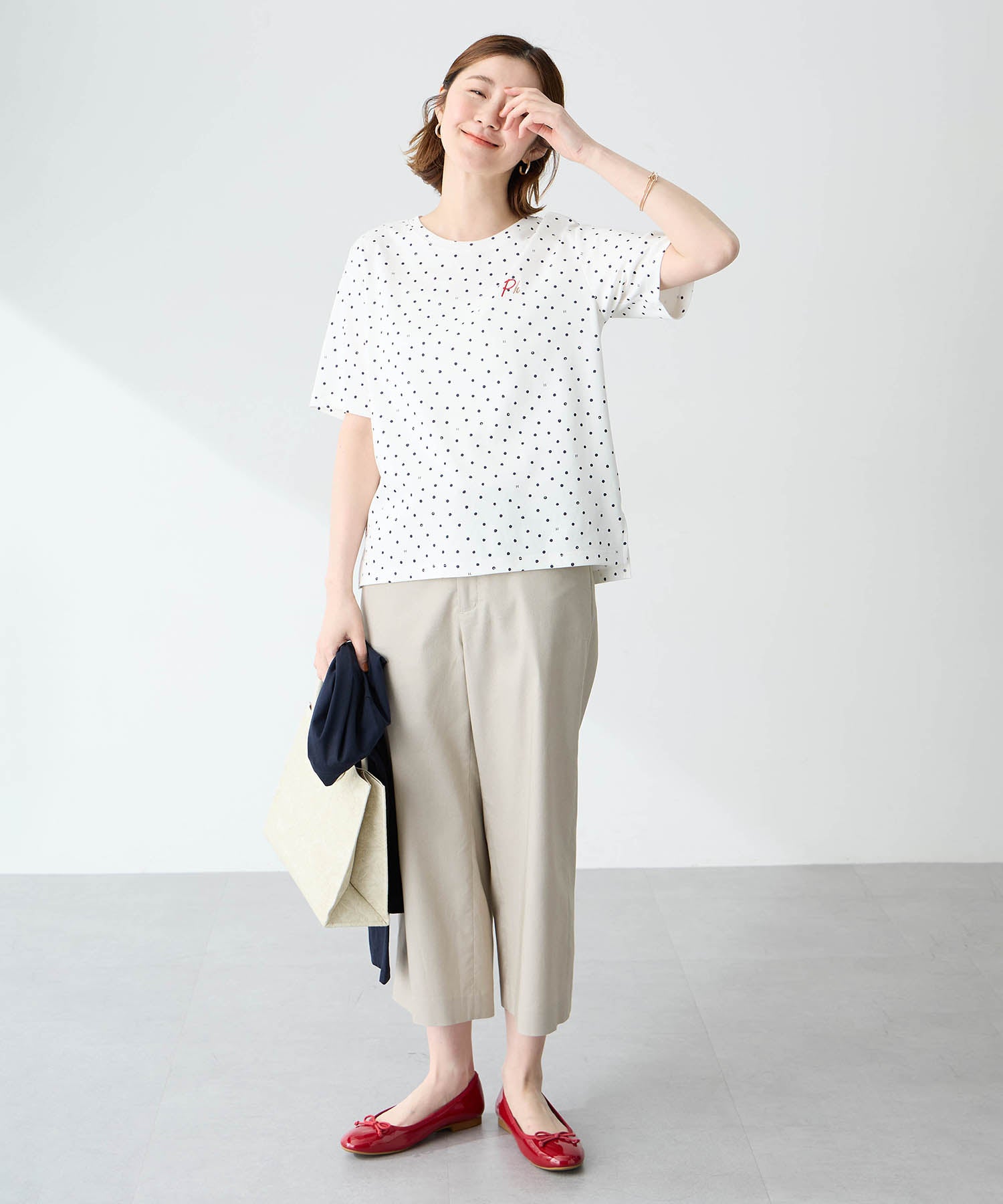 プチ オンフルール Petit Honfleur ドットプリントTシャツ【オーガニックコットンブレンド・接触冷感・UVカット】 （ホワイト） ホワイト