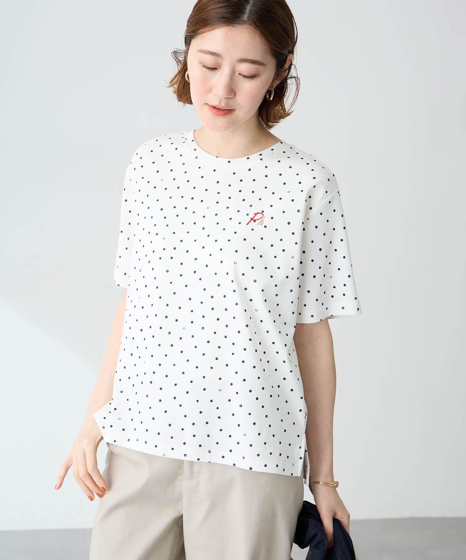 プチ オンフルール Petit Honfleur ドットプリントTシャツ【オーガニックコットンブレンド・接触冷感・UVカット】 （ネイビー） ネイビー