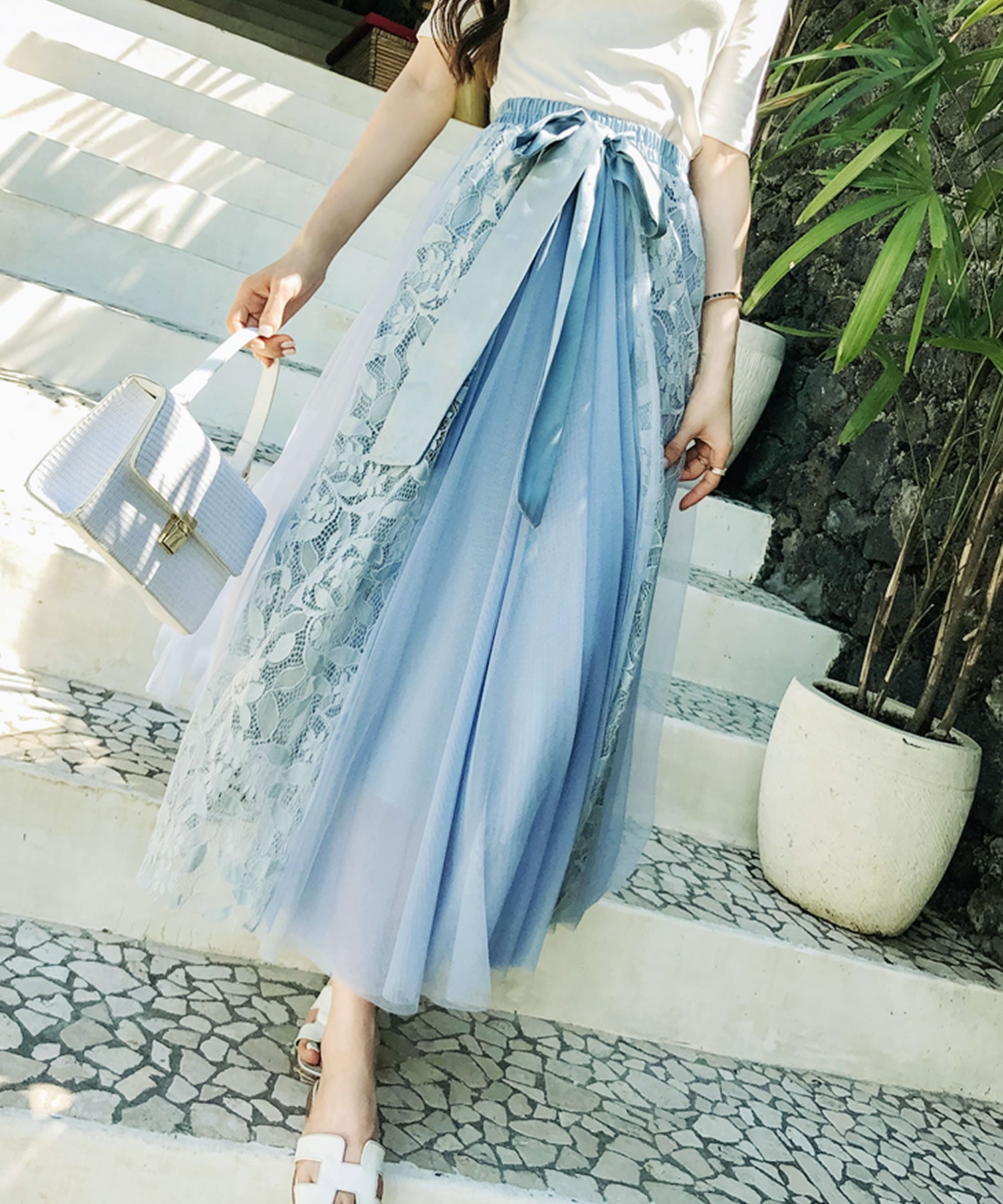 Primazel Mixed material lace tulle skirt with ribbon