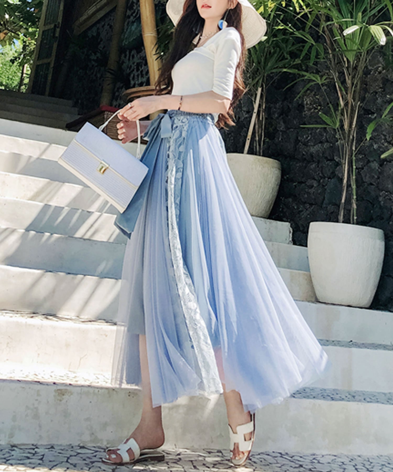 Primazel Mixed material lace tulle skirt with ribbon