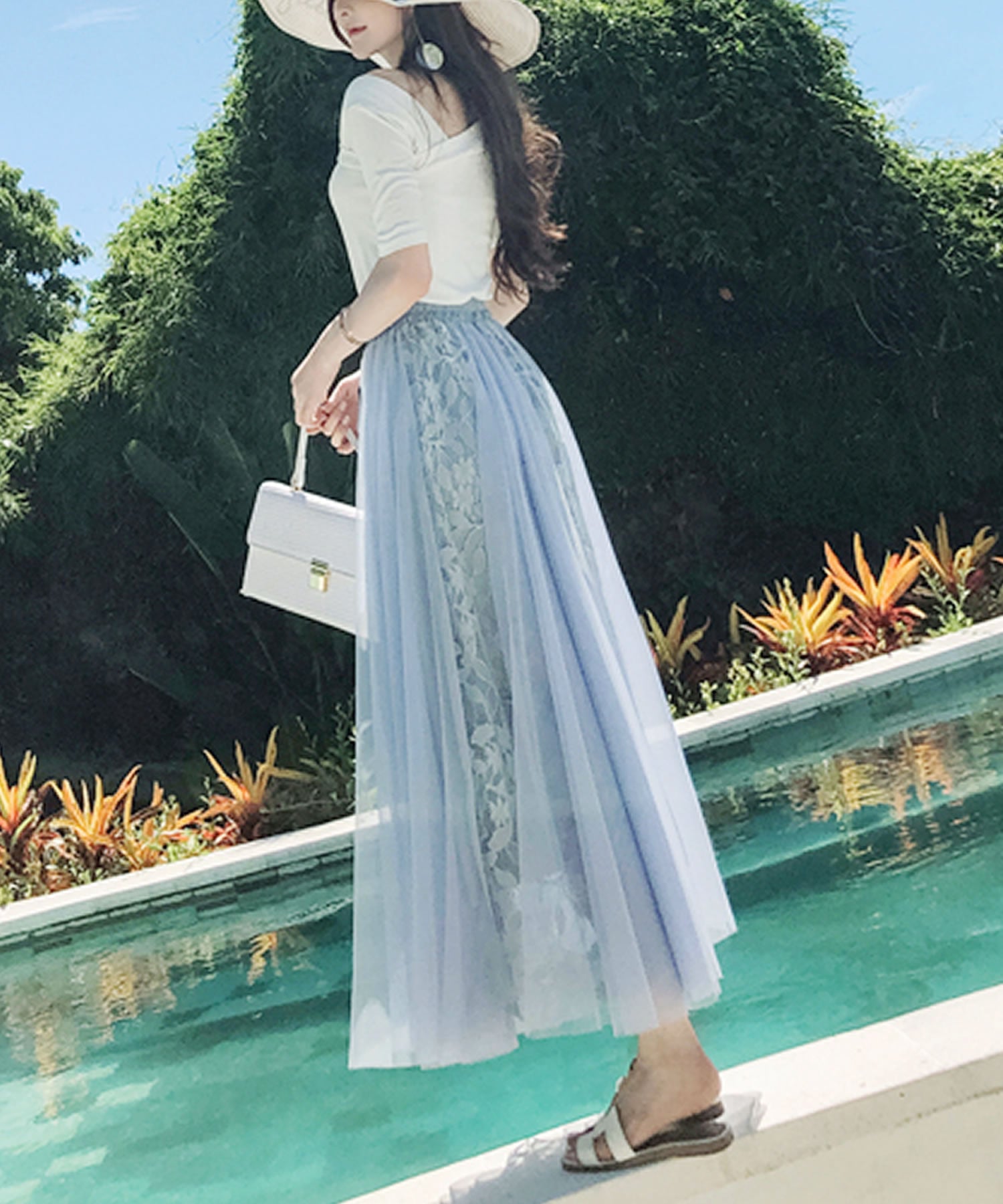 Primazel Mixed material lace tulle skirt with ribbon