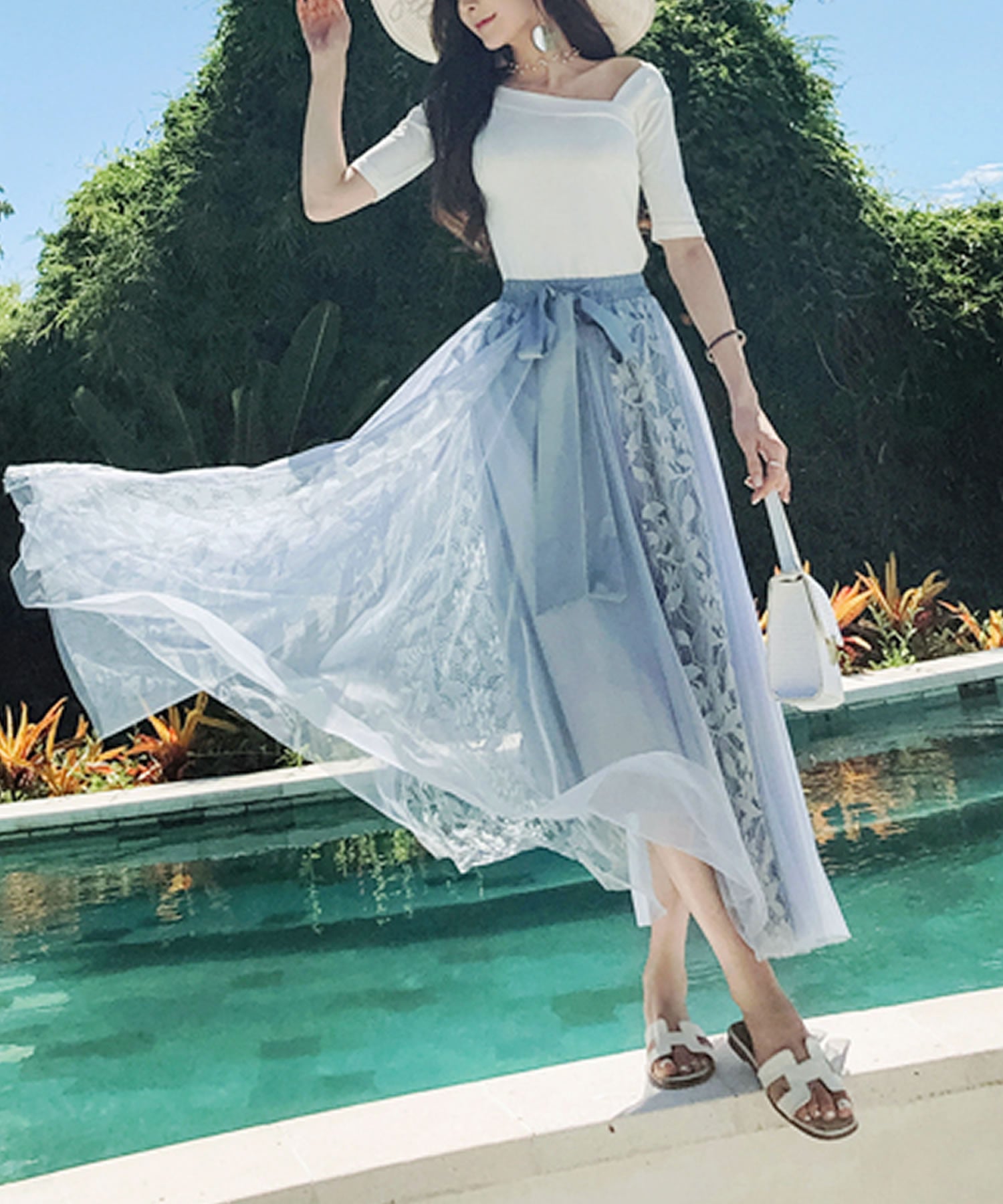 Primazel Mixed material lace tulle skirt with ribbon